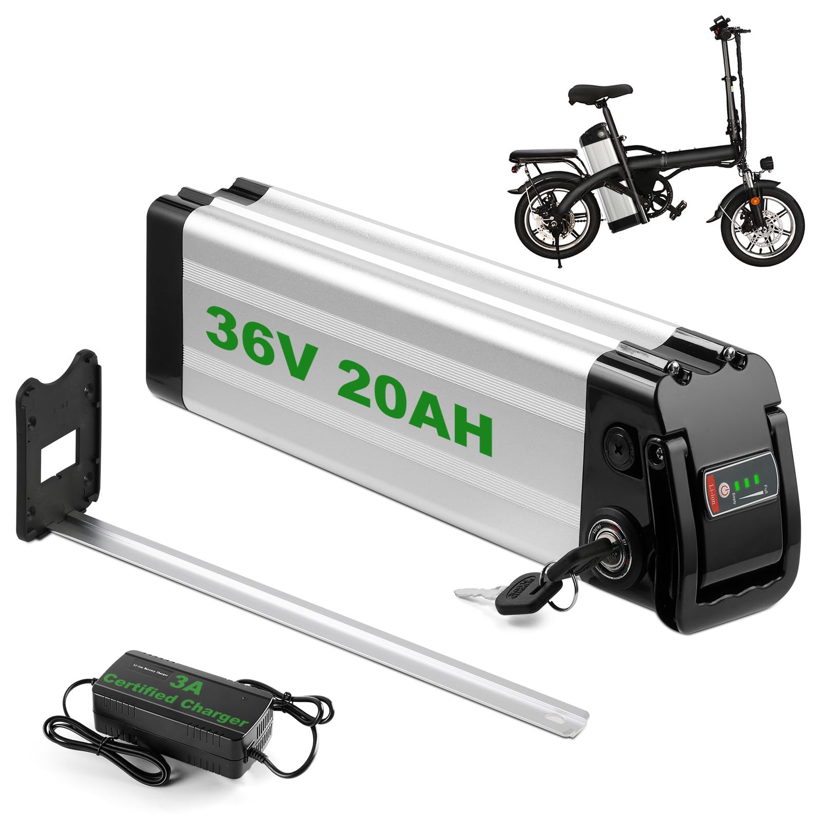 36V 20AH Batería Bicicleta Eléctrica, Silver Fish Batería de Litio Impermeable y Plegable para Bicicleta Eléctrica, con Descarga de 4 Pines, ara 36V Motores