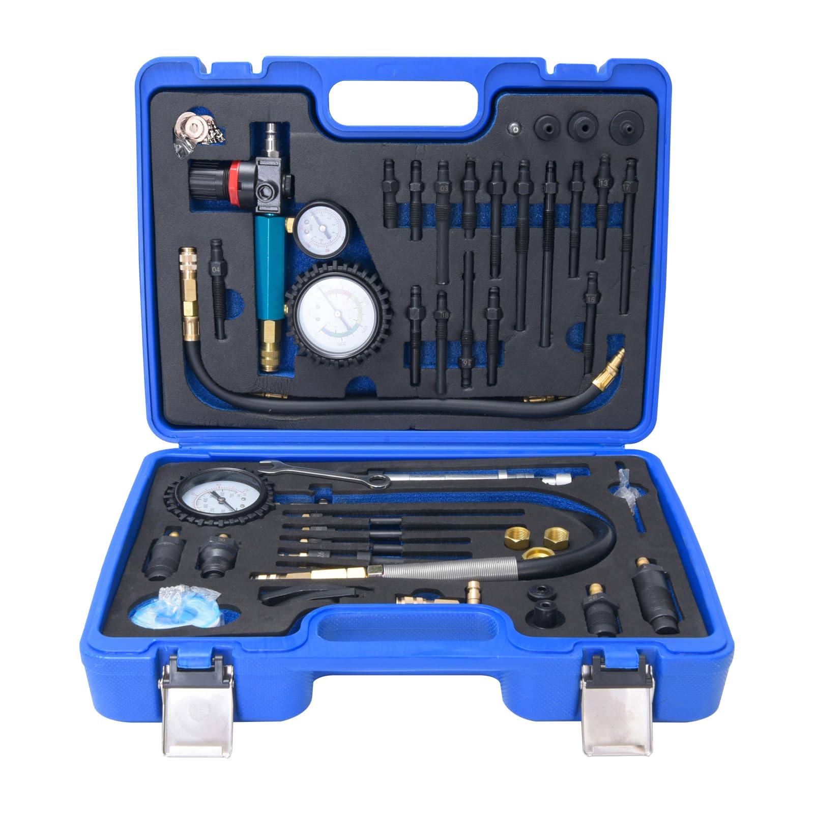 46pzs Kit de Comprobador de Compresión y Fugas de Motores de Gasolina y Diésel, Probador Compresion Motor Gasolina, Comprobador Pérdida Presión para Mayoría de Coches, Camiones, Motocicletas