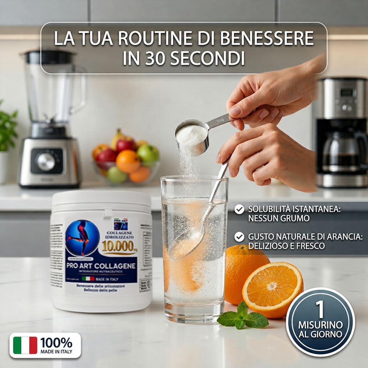 PRO ART Collagene Marino Idrolizzato Alto Dosaggio in Polvere 10.000 mg con Acido Ialuronico, Vitamina C e Zinco per Pelle Articolazioni e Capelli – 366 g Made in Italy
