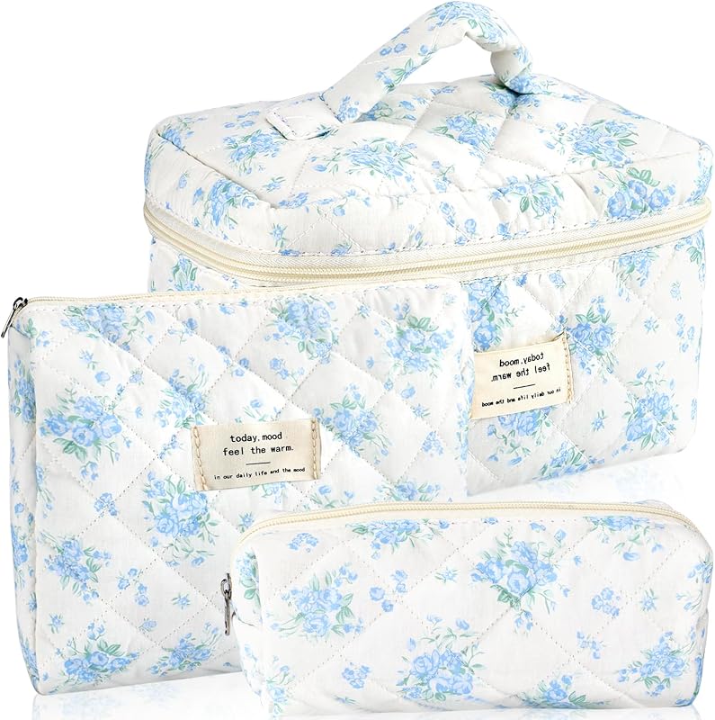 URSKYTOUS Conjunto com 3 Necessaires de Maquiagem em Algodão Matelassado, Estampa Floral, MN 3PCS Pale Blue
