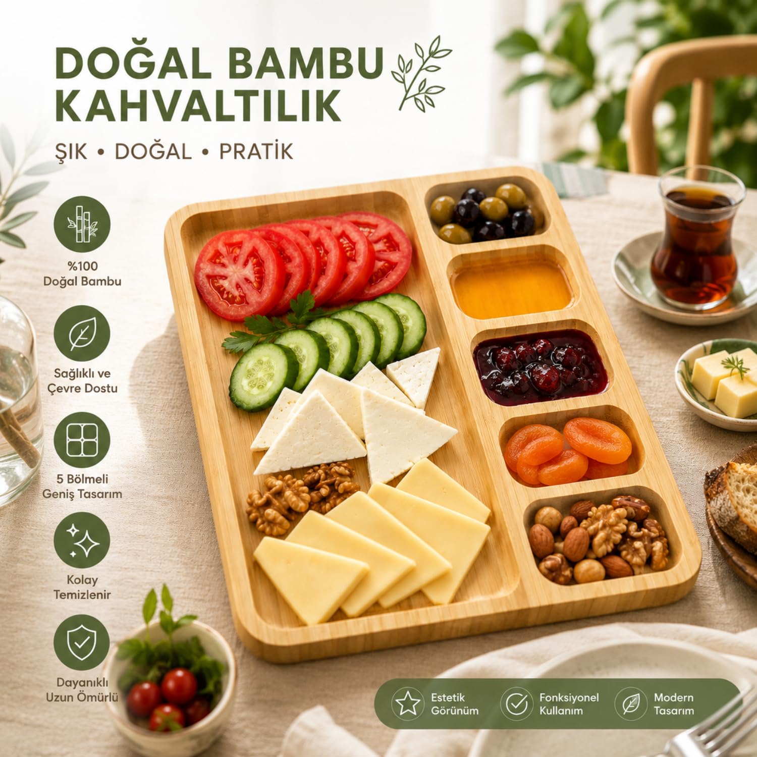 Bambu Kahvaltılık Sunum Tepsisi 6 Bölmeli Ahşap Servis Tabağı Doğal Bambu Kahvaltı ve Çerez Sunumluk 32.5x25.5x2CM