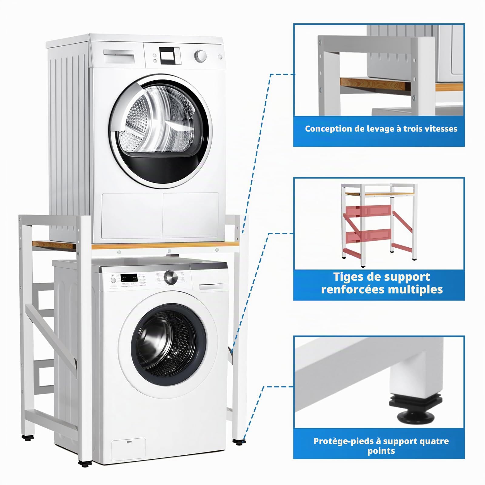Meuble machine à Laver et seche linge, 3 Hauteurs Réglables, Superposition Lave Linge Seche Linge, Capacité Charge 300kg pour Buanderie Salon Salle De Bain Cuisine Balcon (Blanc)