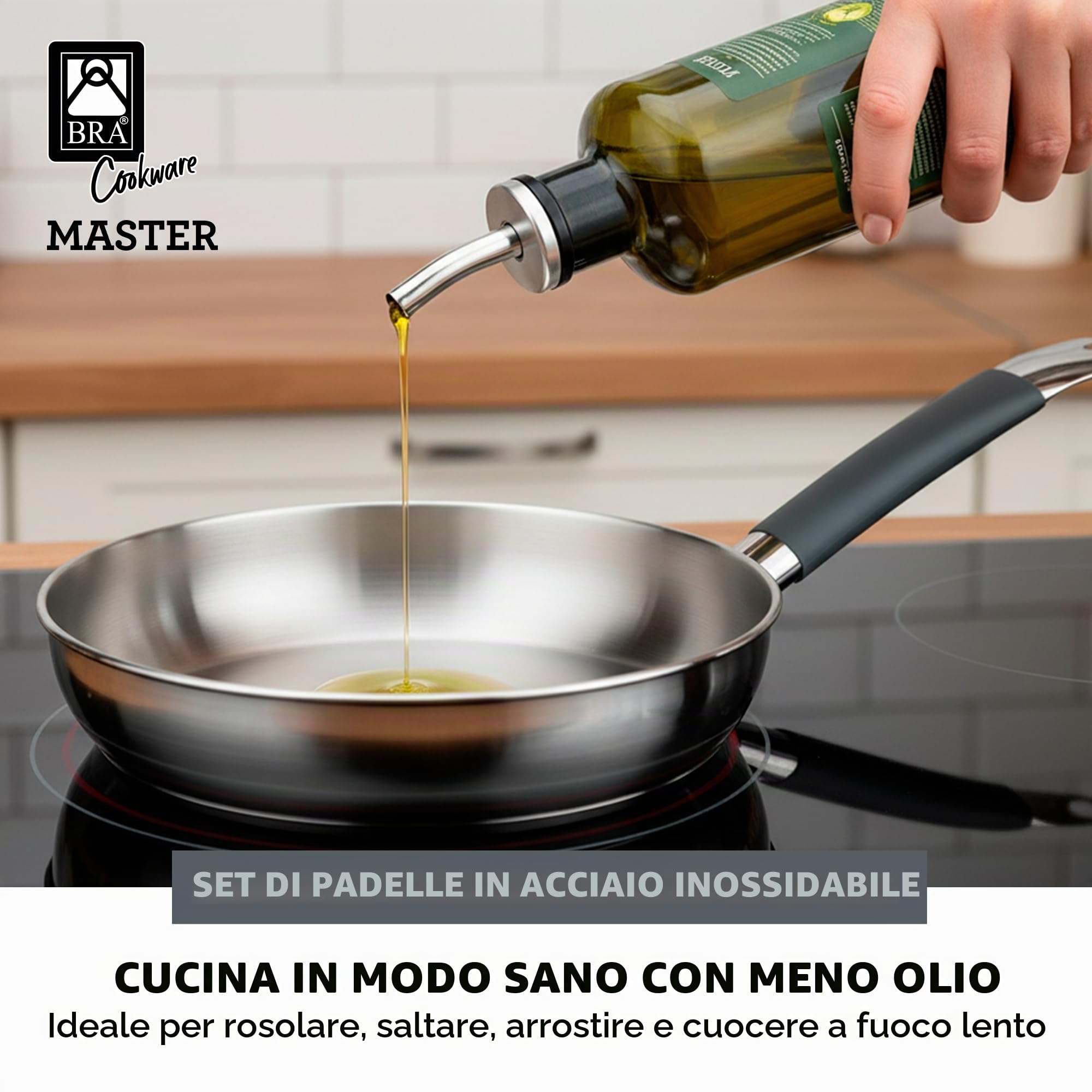 BRA Master | Set di padelle in acciaio inossidabile 20-24-28 cm, senza rivestimento antiaderente, senza PFOA, Full Induction, adatte a tutti i piani cottura, con manico rivestito in silicone