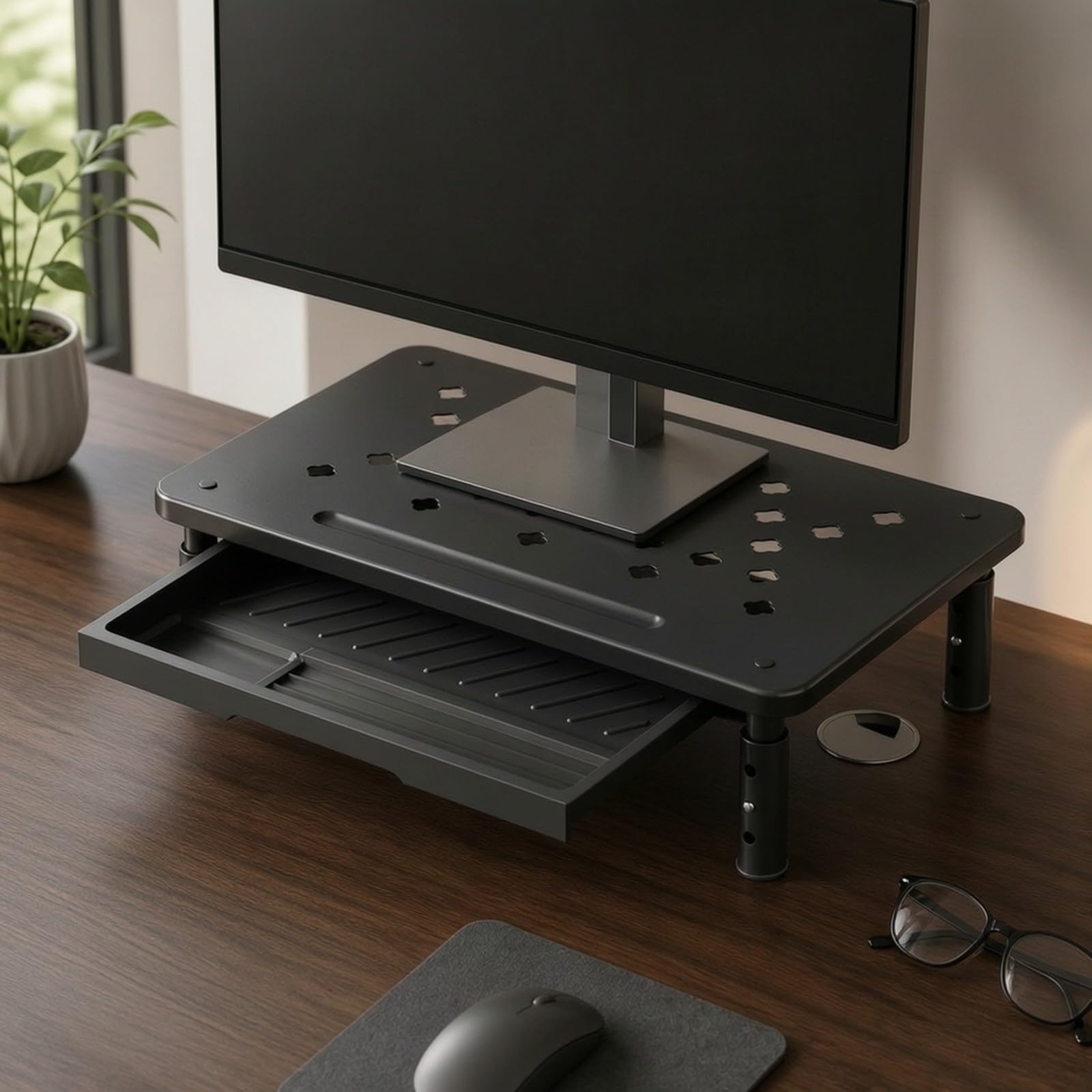 Amagogo Soporte Pantalla Escritorio con Cajón Ahorra Espacio Elevador Ajustable Escritorio Multifuncional Base Elevadora con Cajón Extraíble, Negro