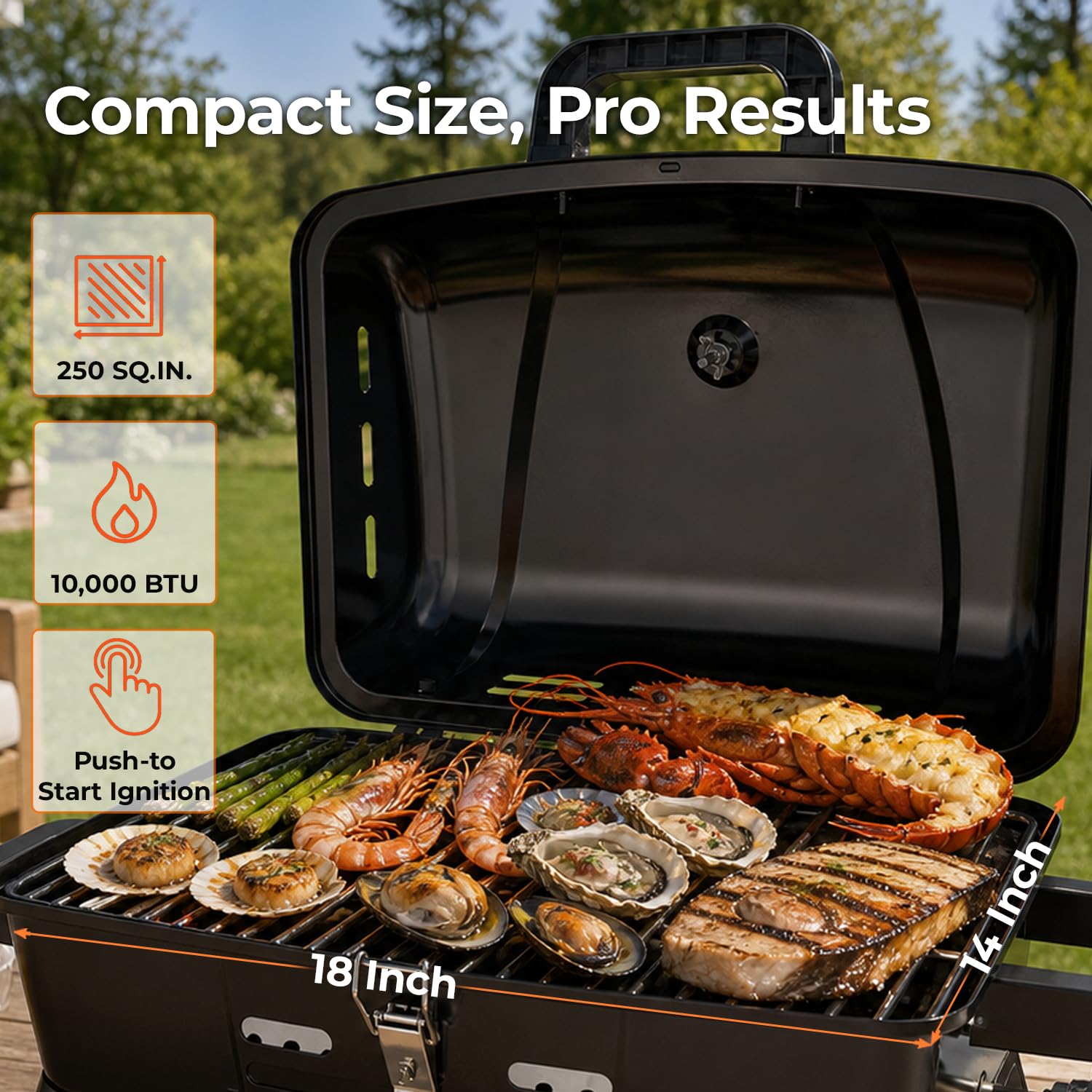 BrandMan - Griglia portatile a gas propano da tavolo a 1 bruciatore, griglia compatta per barbecue con area di cottura di 239,9 mq, blocco coperchio, termometro e gambe pieghevoli per campeggio