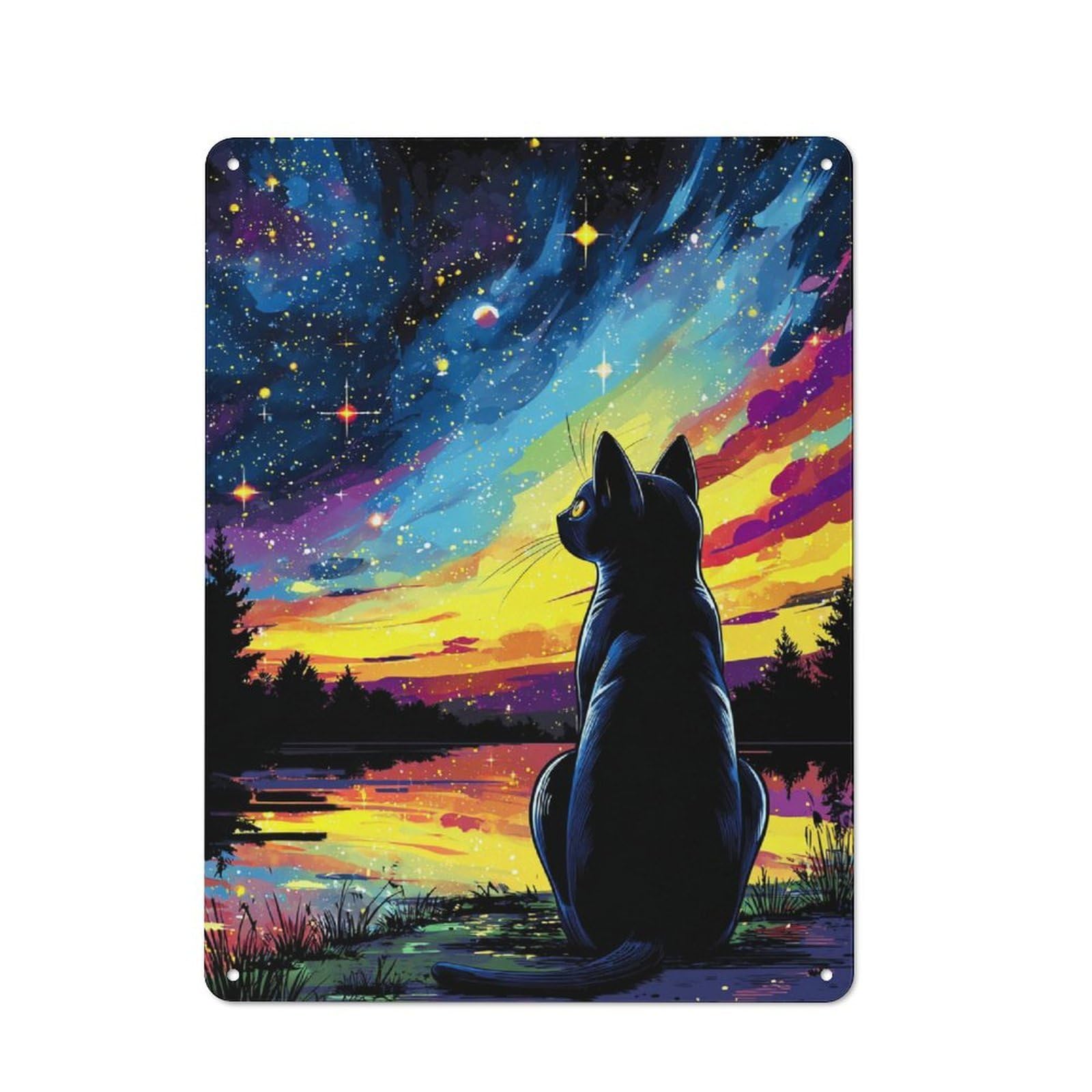 Junmoney Black Cat Gazing At Starry Sky Vintage Tin Sign 40X30cm With For Man Cave Or Games Room, For Games Room Collectors