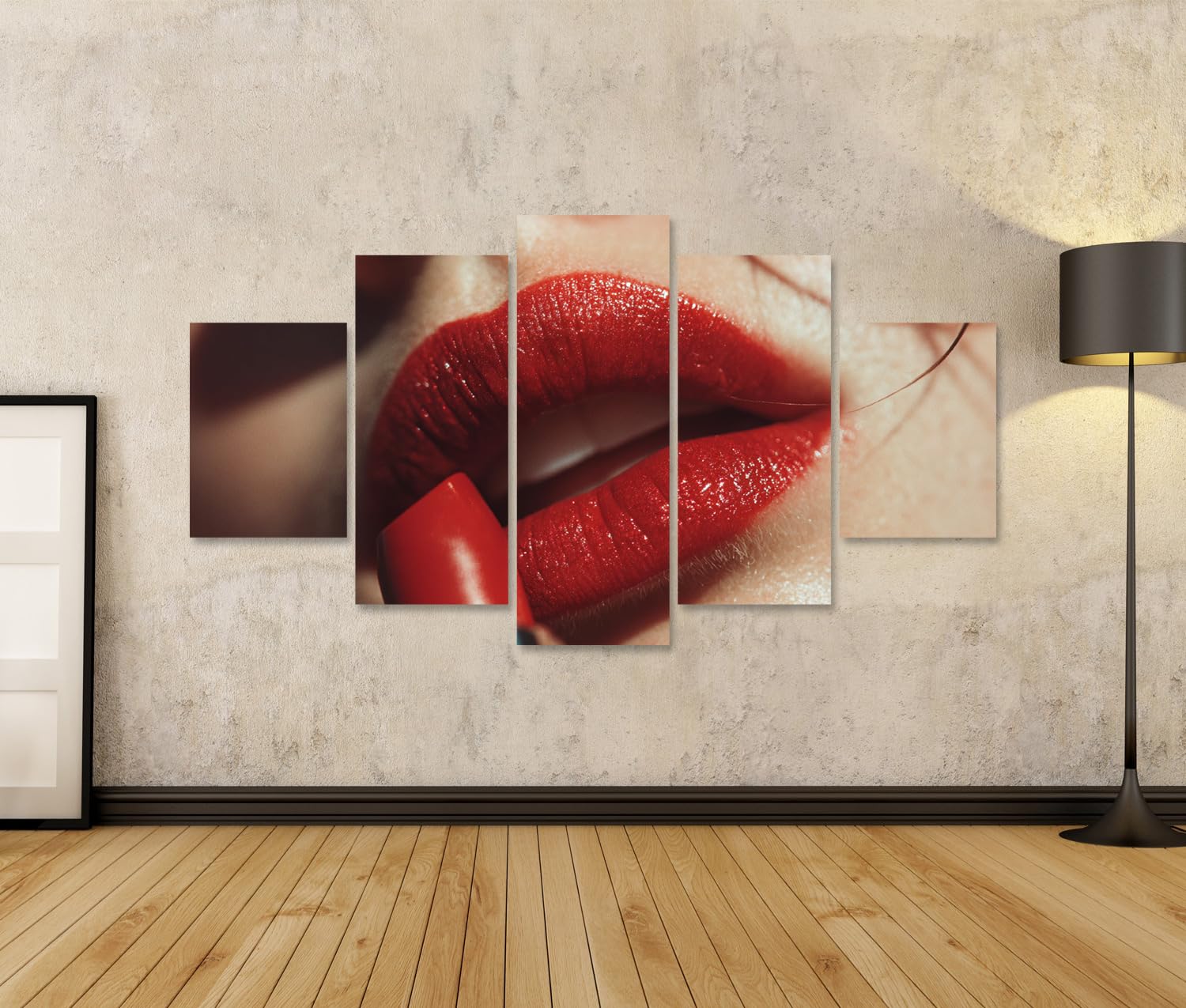 islandburner Bild auf Leinwand Glänzender roter Lippenstift Nahaufnahme für Beauty-Liebhaber - 5-teilig