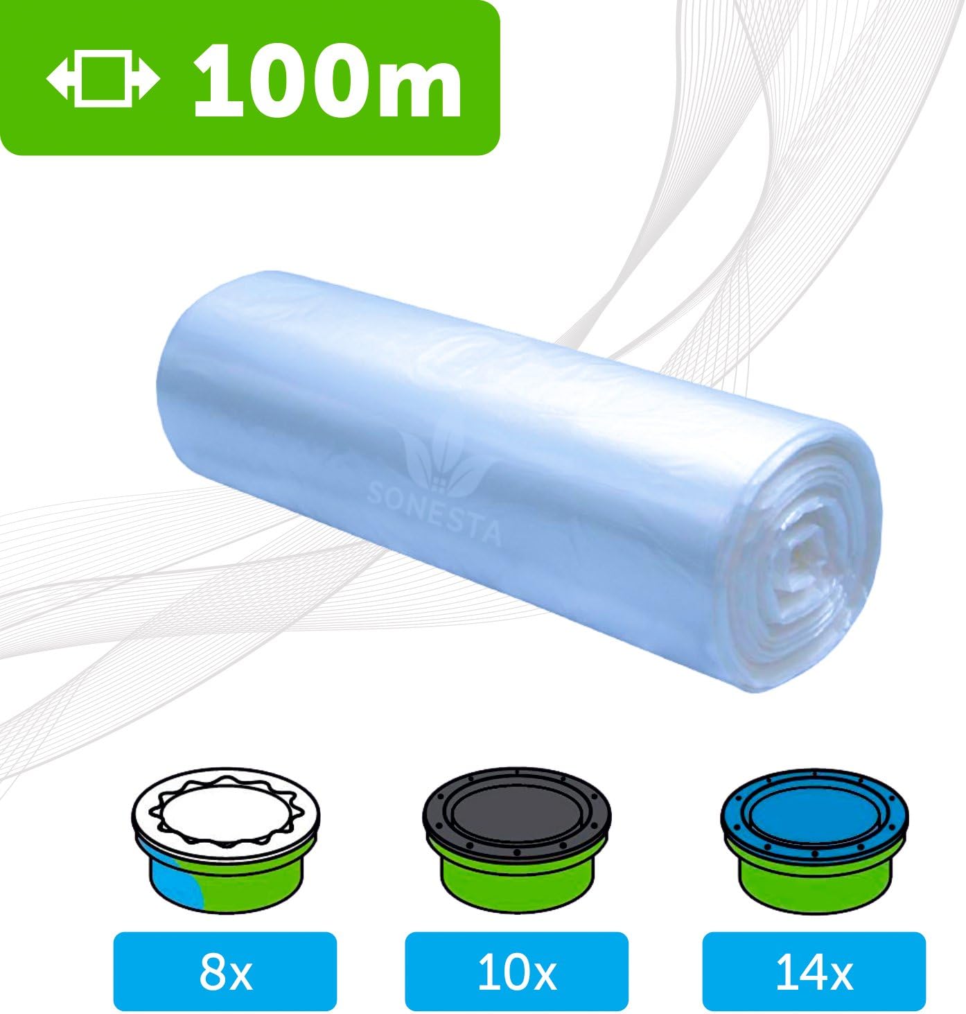 SONESTA100m - ECO liner compatible with Tommee Tippee Sangenic cassettes | Angelcare | Litter Locker II | Equivalent to 8 Sangenic"fits all tubs"