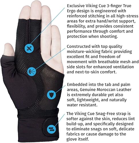 Miniatura 4 de Viking Guante de billar para taco de billar para mujeres y hombres, licra negra y cuero marroquí, talla LXL