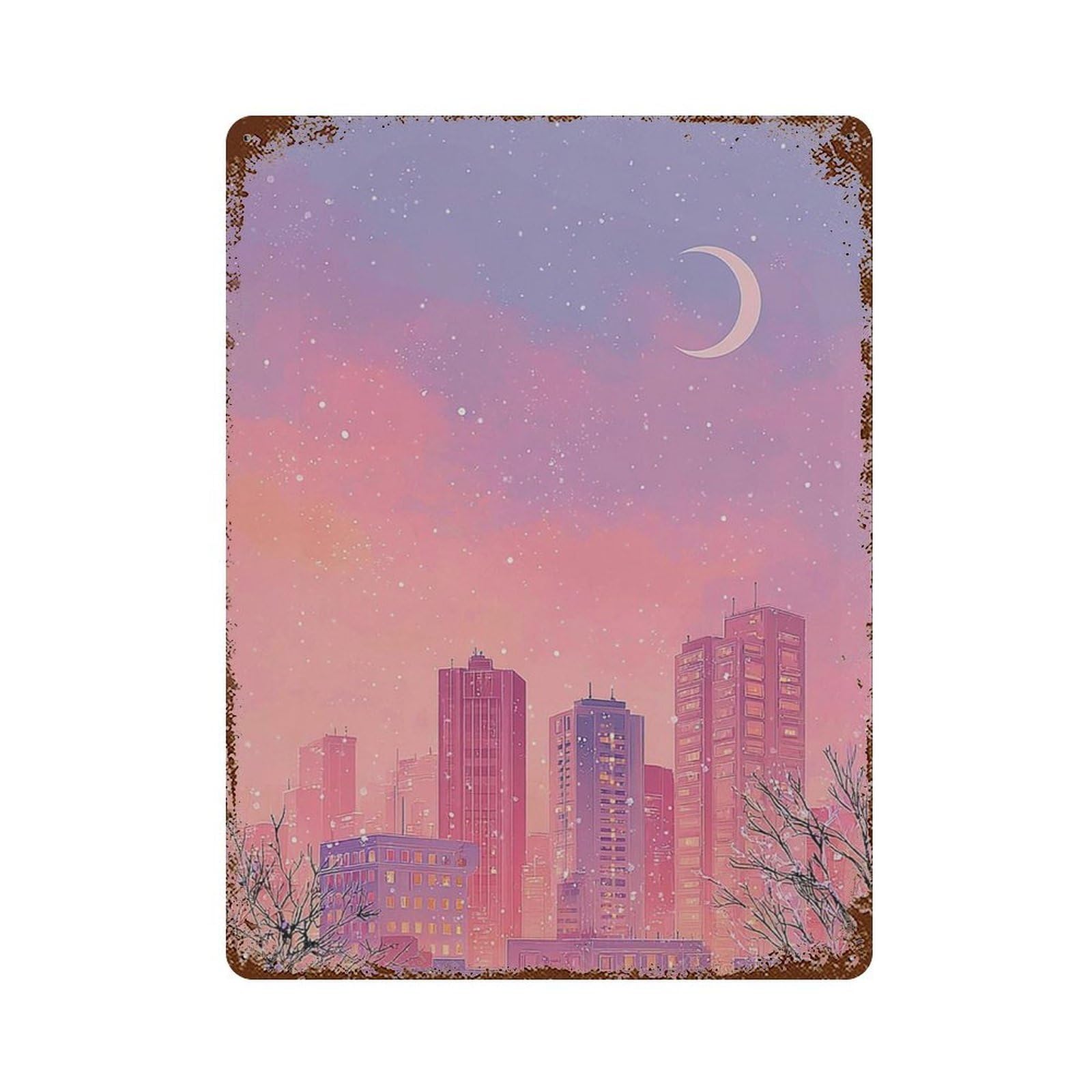 xiaoxiaoshen Lofi Cityscape Pastel Pink Purple Vaporwave Wall Decor Art Metal Tin Poster Modern Home Decor Art Home Bar Shop Decorations Vintage Sign 40x30cm