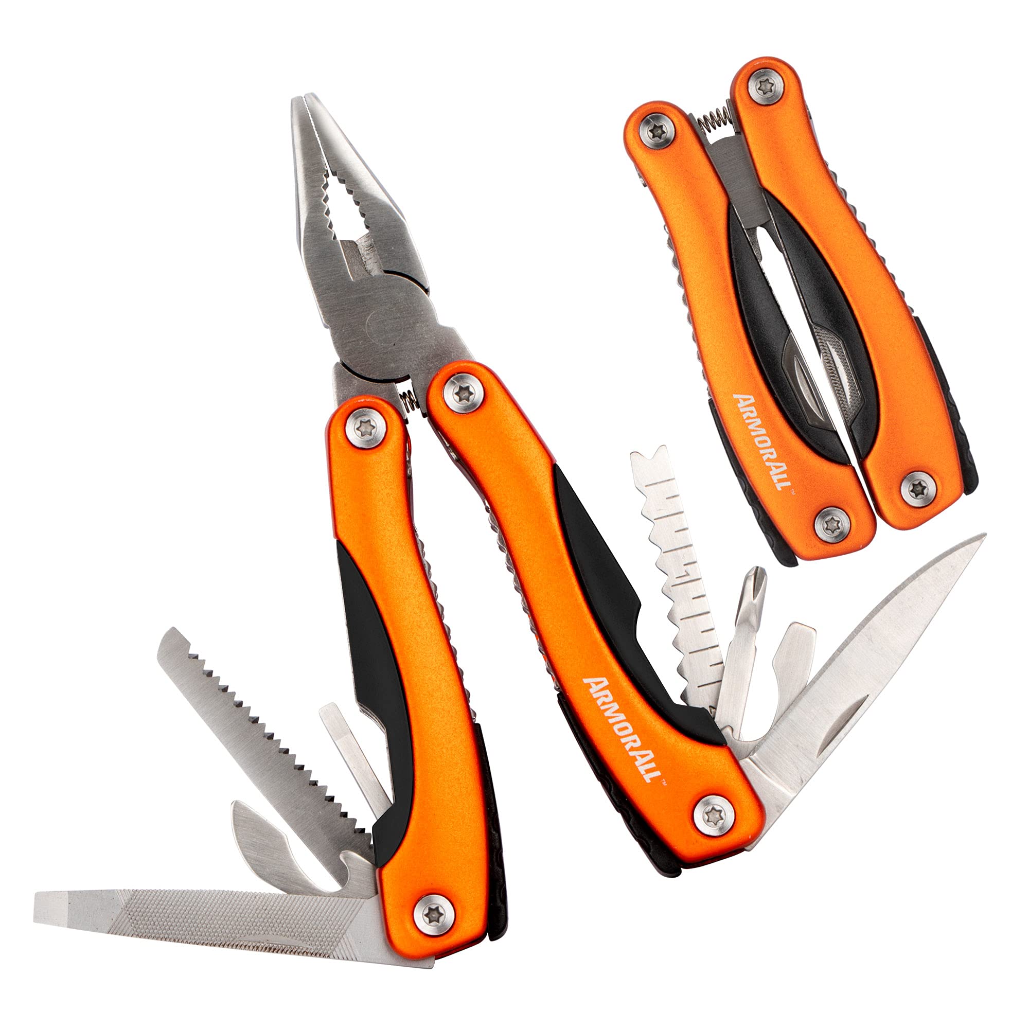 Armor All 15-in-1 Plier Mini Multi-Tool with Knife, Saw, Fish Scaler, Scissors, Screwdrivers, and Corkscrew (Orange)