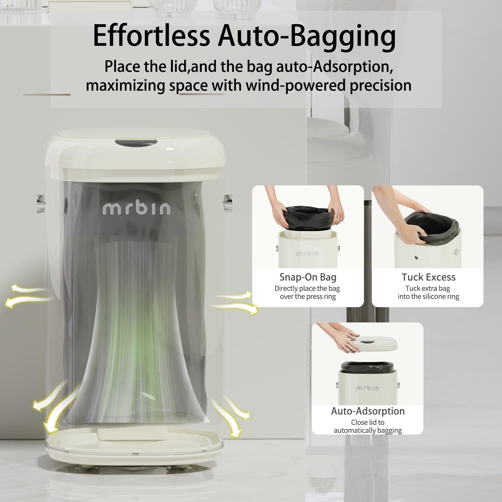 MRBIN Adsorption Metal Kitchen Motion Sensor Trash Can Removable, 30L / 7.9gal Automatic Absorbing Bag Lidded Garbage Bin with Wheels, Commercial Waste Basket for Office and Bedroom, Bathroom, White