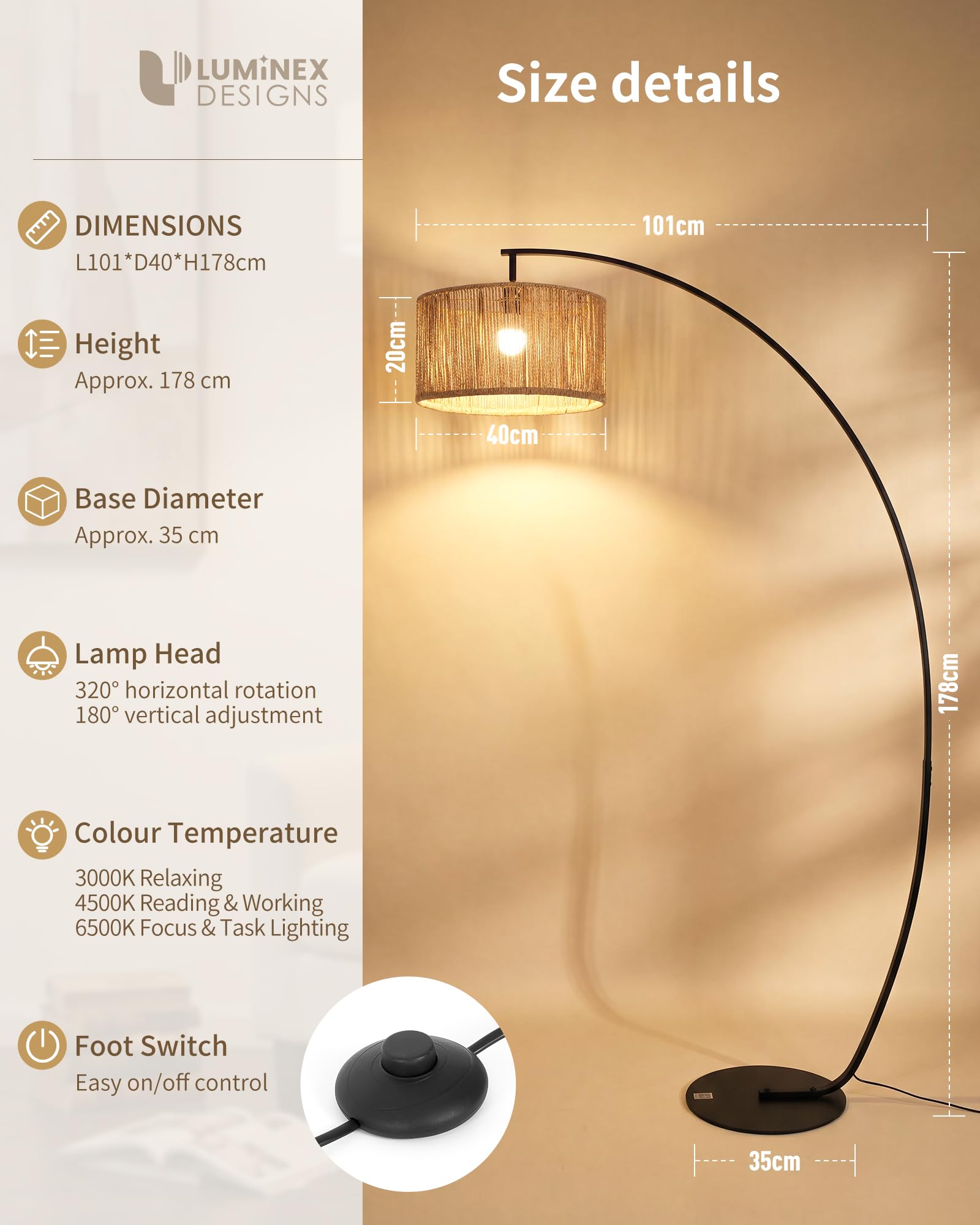 Bogenlampe Rattan, 101cm Ausladung, E27 Stehlampe Boho | Flachrohr Design, H178 cm, drehbar Lampenkopf, Fußschalter und 3 Farbtemperatur für Wohnzimmer Sofa Esstisch OVEL FL22