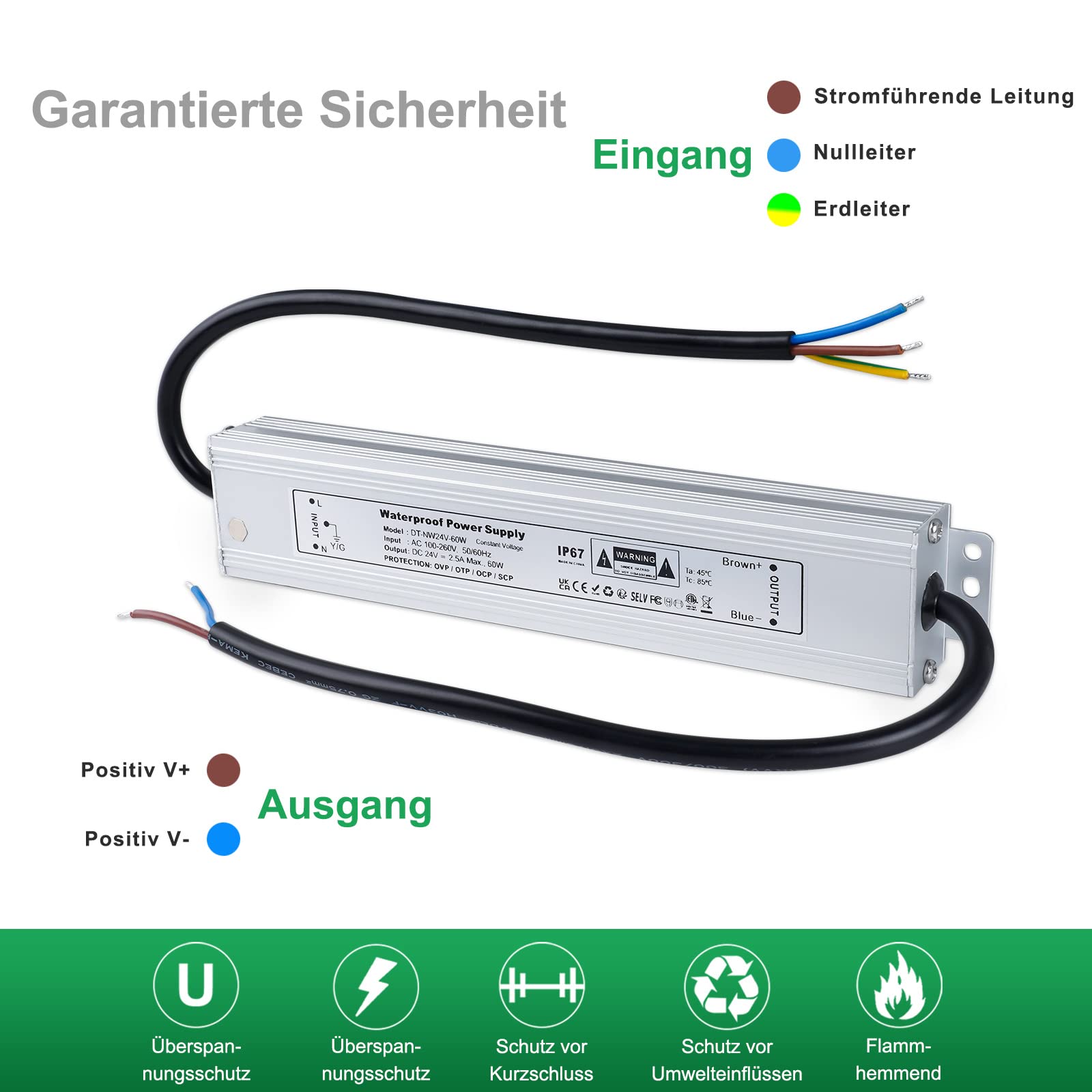 REYLAX LED Trafo 24V Wasserdicht 60W 2,5A LED Treiber Gleichstrom Netzteil IP67 Trafo 230V auf 24V Driver Konstantspannung Transformator Niedervolt Schaltnetzteil für Außen Led Streifen Lampen