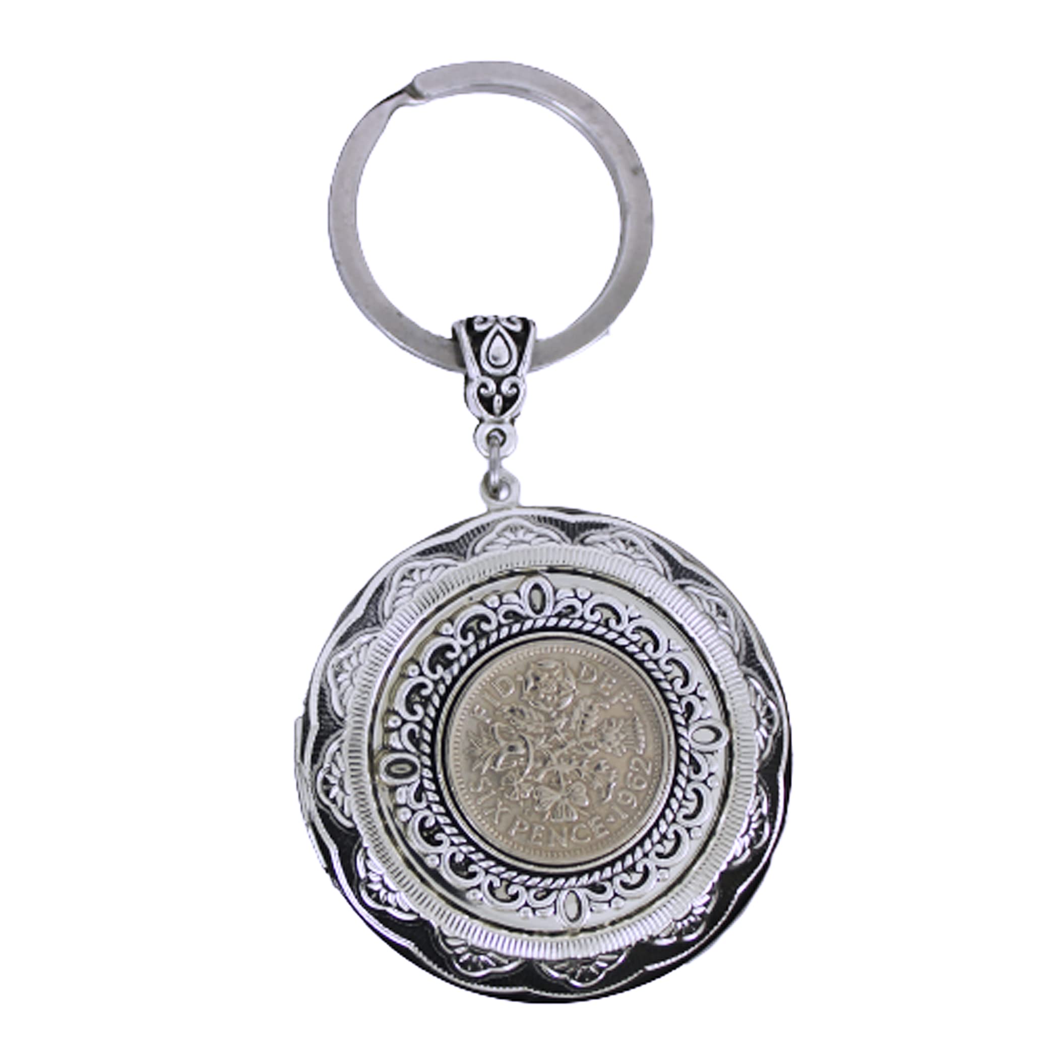 Sparkly Treasure Vintage Lucky Sixpence Large Locket Keyring, Sixpence Keepsake, British Coin Keyring, Add-On Engraving