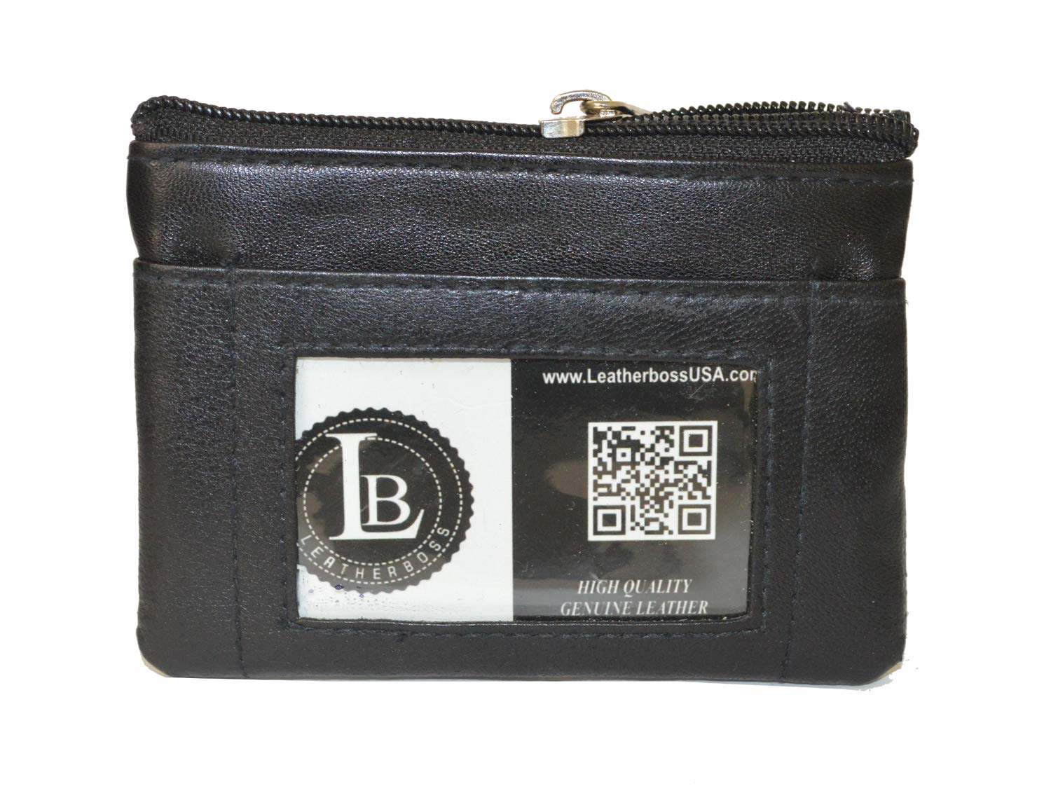 Leatherboss Coin purse with outside ID and 2 zipper pockets (Black)