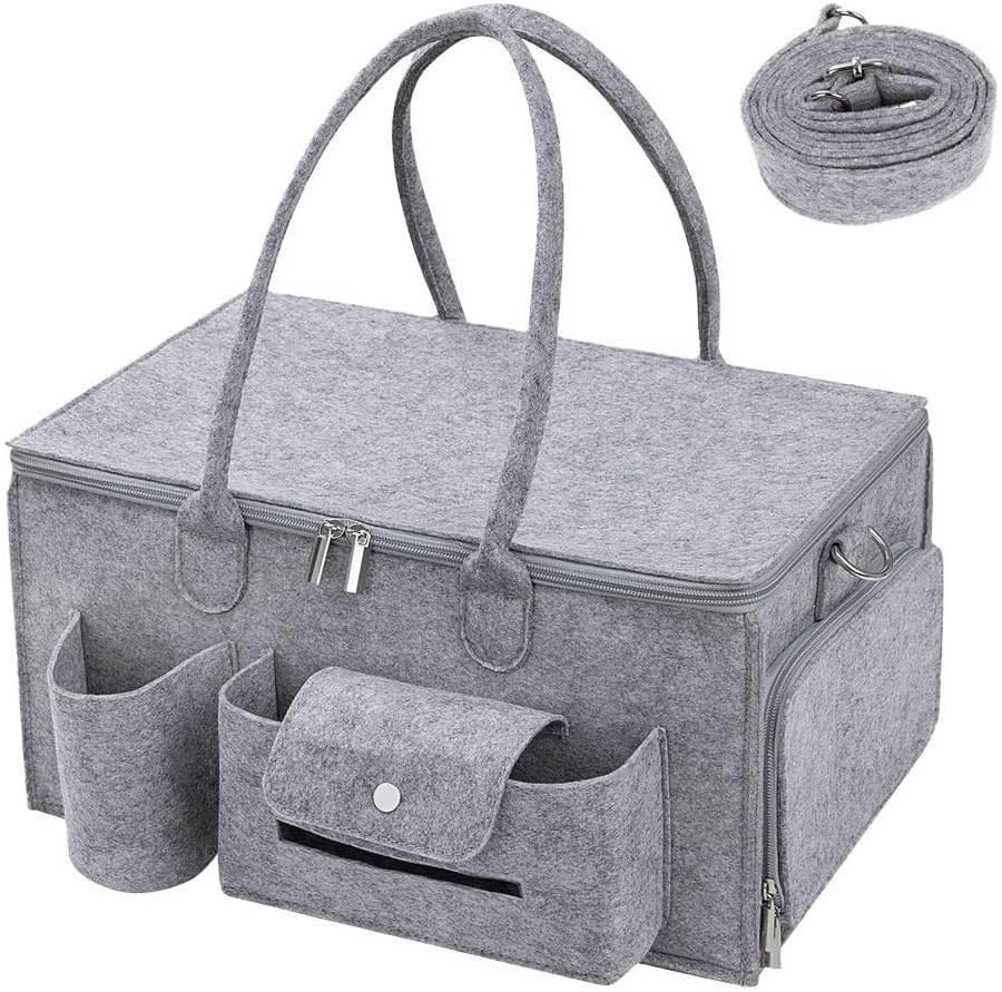Exrp Portable Diaper Caddy Organizer Tote Bag, Felt Nursery Storage Bin with Handle & Compartment, Large Nappy Storage for Baby Boy or Girl