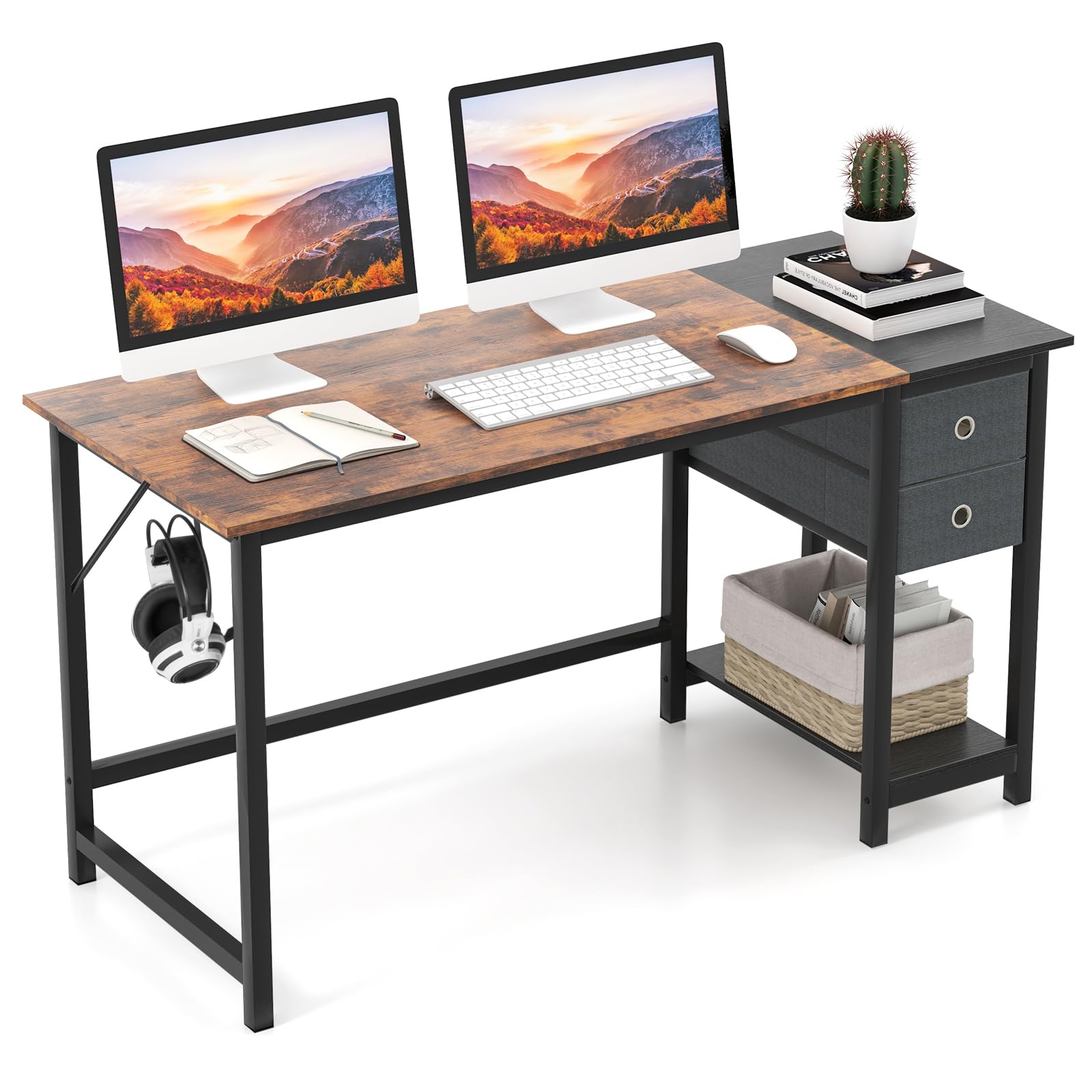 LIFEZEAL Scrivania Ufficio, Scrivania Porta Computer, con 2 Cassetti e Gancio, Postazione di Lavoro, per Studio, Stile Industriale, Scrittoio, Desk, in Legno+Metallo, 140x60 cm