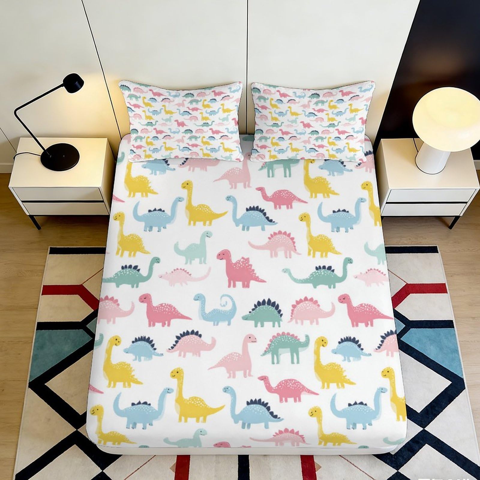 3D Printed Cartoon Dinosaur Fitted Sheet Microfiber Deep Pocket Non-Slip Bedroom Bedding Dinosaur Mattress Fitted Cover for Adult Teen 160x200x25cm