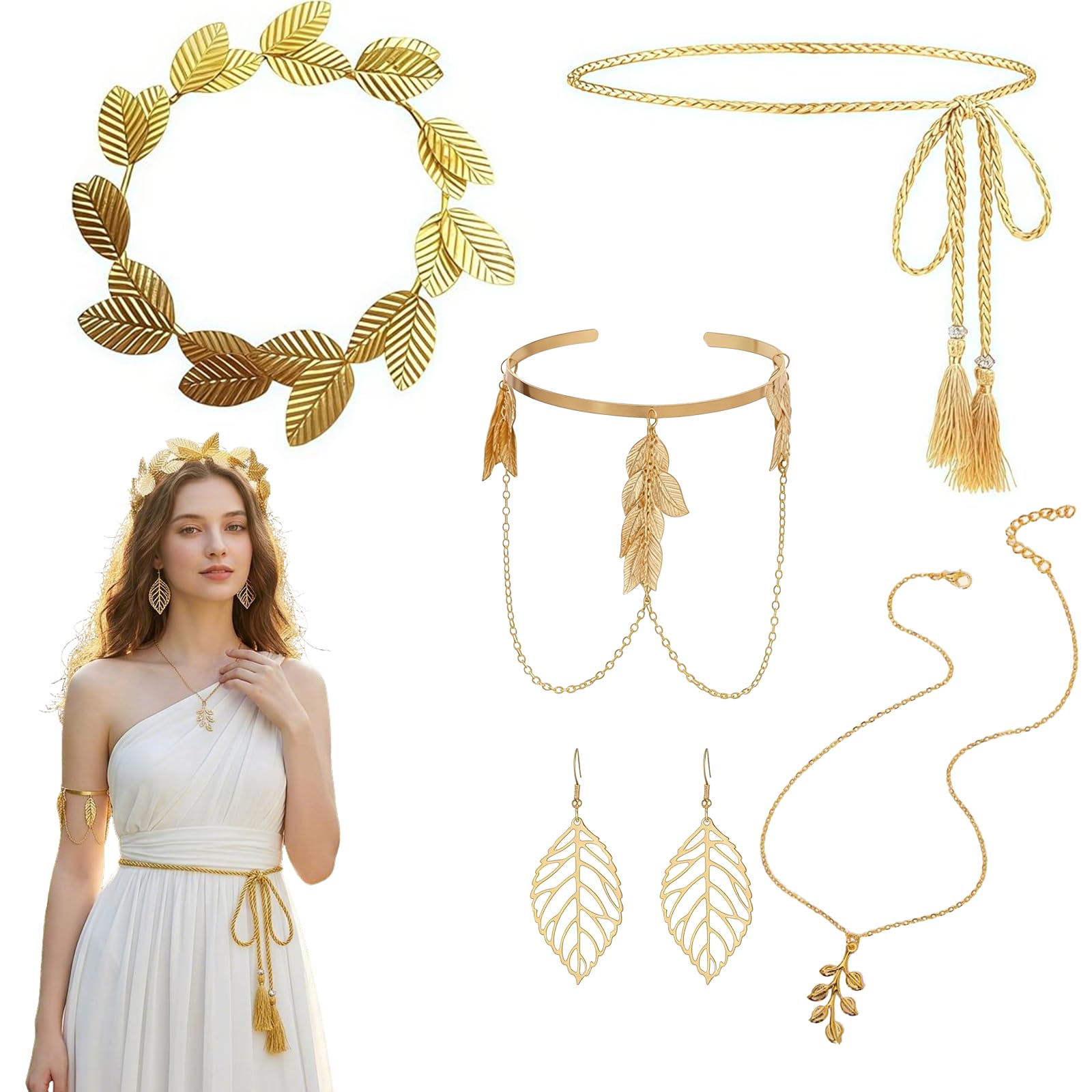 HotoPink 5 Pcs Greek Goddess Costume Accessories Gold Leaf Headpiece Set