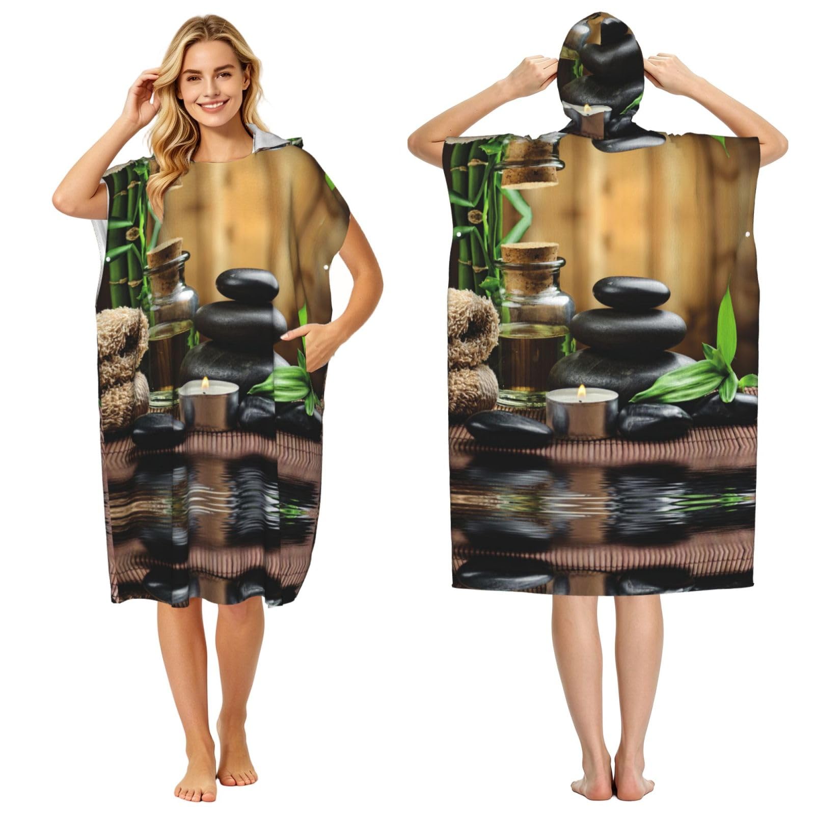 Poncho à capuche imprimé pierres et spa pour adulte, modèle léger absorbant