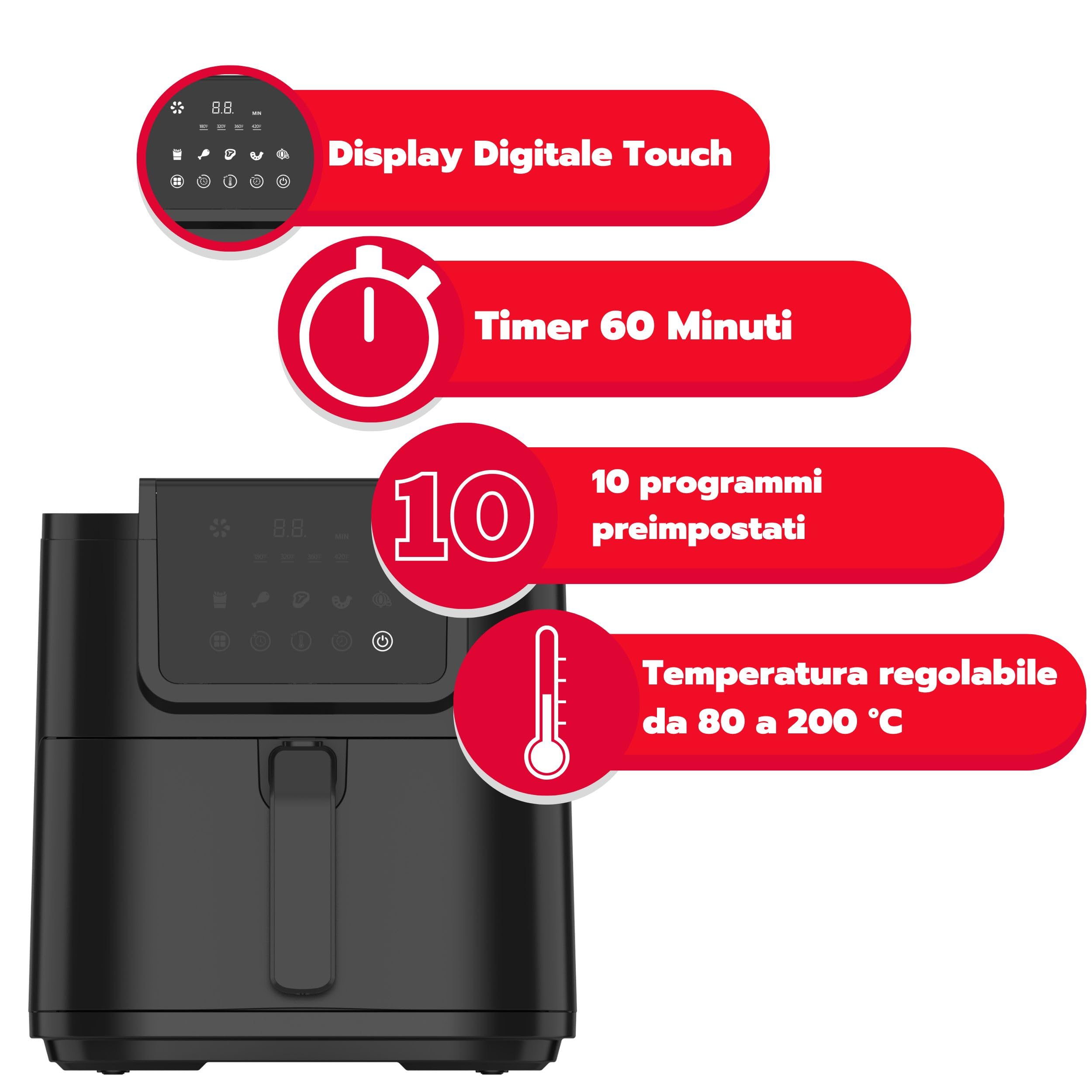 ARDES - ARFRYA05L Friggitrice Ad Aria FRIGGISANA INFINITY 8L - Friggitrice Ad Aria Slim Cavità XL Super Profonda in Metallo Capacità 8 Litri - AirFryer con Display Digitale Touch e Timer 60'