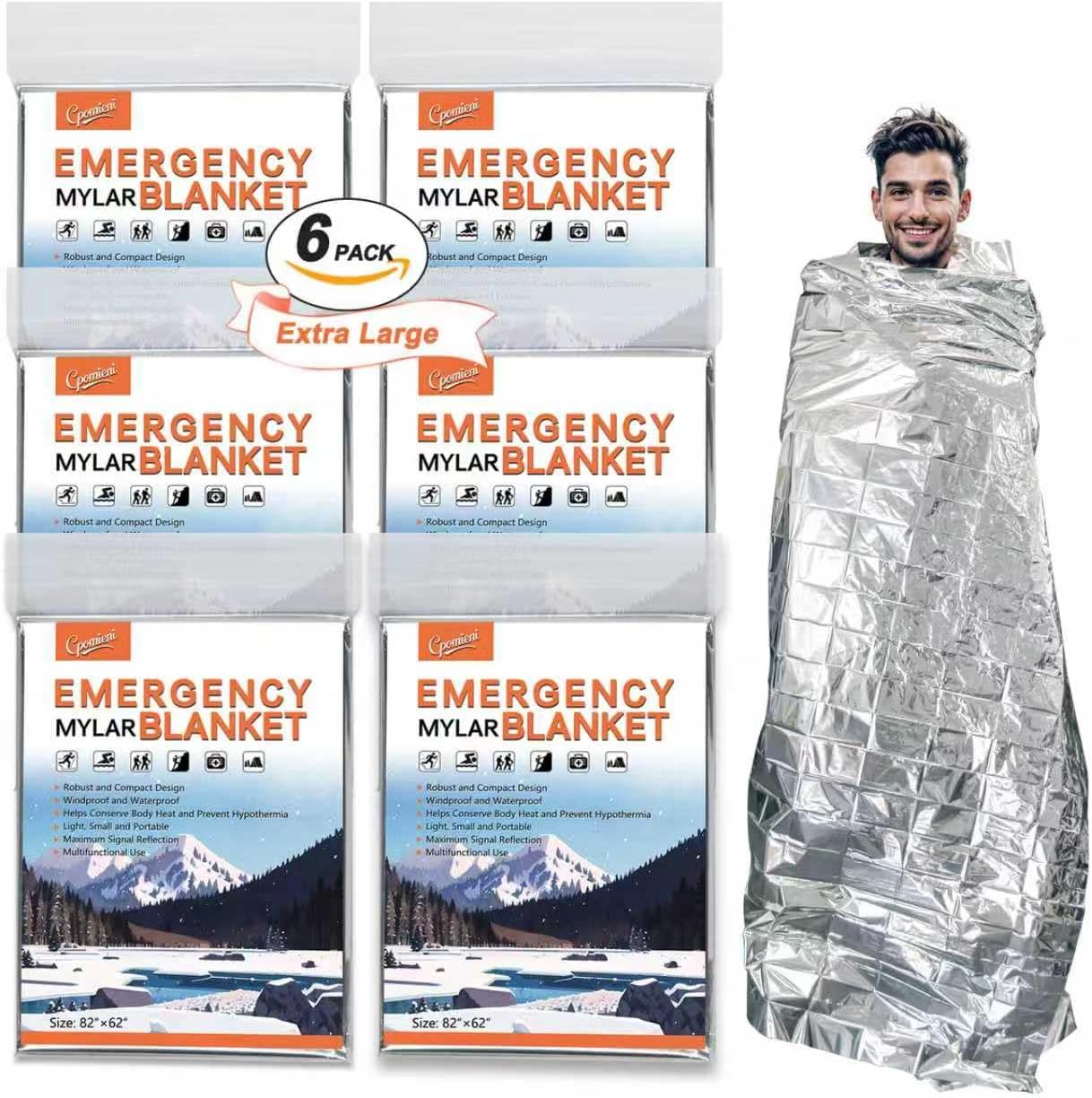 6 Pack – Large 82” x 62” Survival Emergency Mylar Thermal Blankets, Thermal Survival Blanket Perfect for Camping, Hiking, Body Insulation, Outdoors, Car Survival Kit, Bug Out Bag 6 Pack – Large 82” x 62” Survival Emergency Mylar Thermal Blankets, Thermal Survival Blanket Perfect for Camping, Hiking, Body Insulation, Outdoors, Car Survival Kit, Bug Out Bag