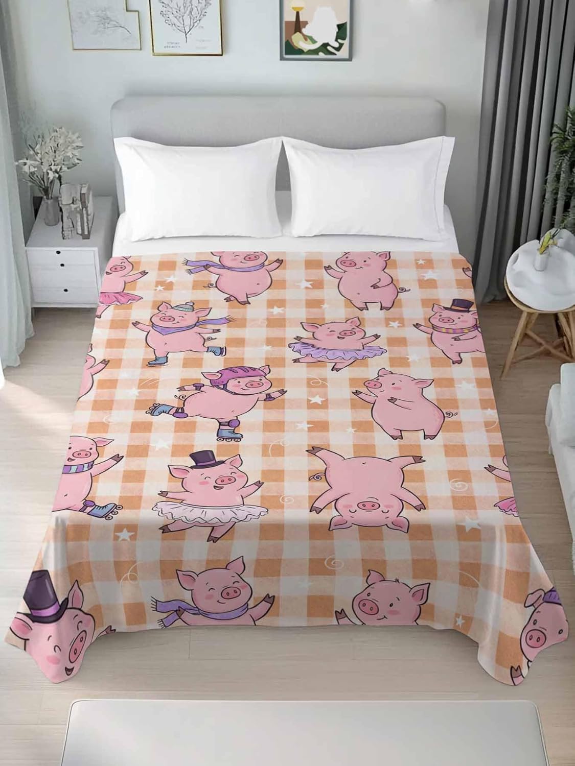 King Size Flat Sheet Only, Children's Day Cute Cartoon Pink Pig Bed Top Sheet Soft Microfiber Breathable Bedding Flat Sheets, Yellow Buffalo Plaid Top Sheets Hotel Luxury
