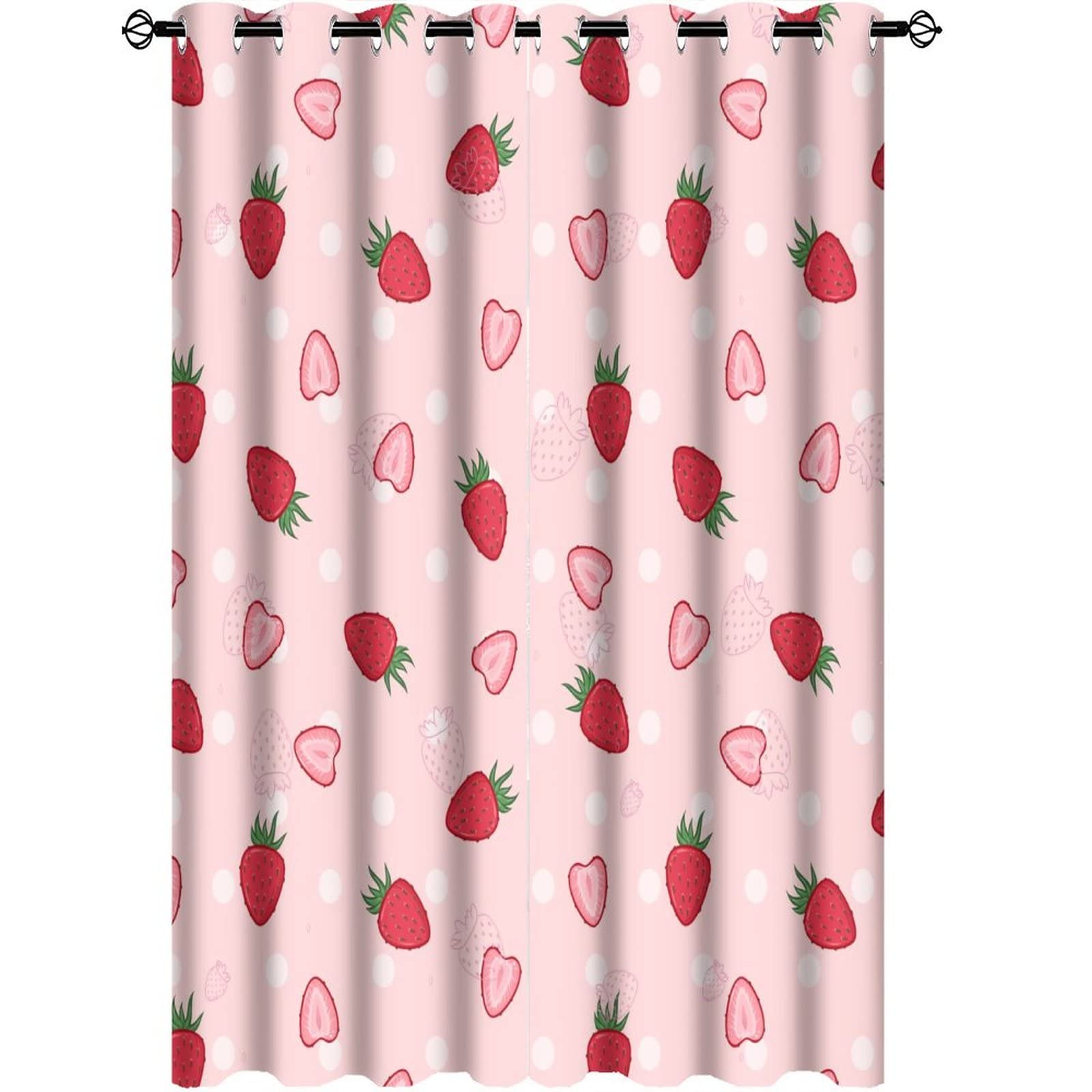 Pink Red Strawberry Curtains for Bedroom - Girls Cartoon Cute Fruit Strawberry Print Window Drapes,Energy Saving Blackout Grommet Curtains 2 Panels 63L x 21W