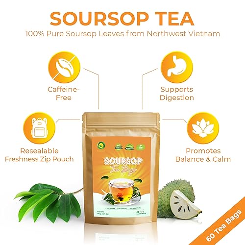 Miniatura 4 de SUNBELEAF Té de guanábana liofilizada de 3.52 onzas + 60 bolsas de té de hojas de guanábana de primera calidad, refrigerio orgánico de frutas