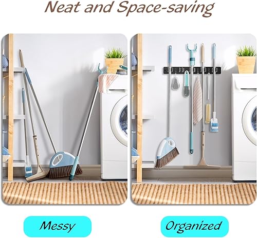 Miniatura 10 de OUTNILI Soporte de pared negro para escoba de fregona con 4 ranuras y 4 ganchos, colgador de escoba de madera rústica para despensa, armario,