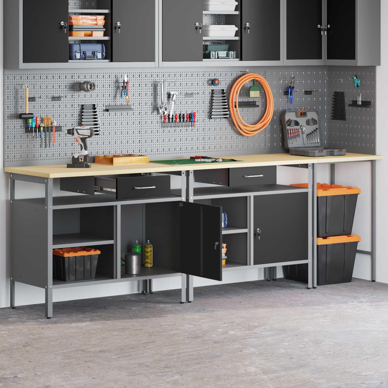 Juego de banco de trabajo de acero con recubrimiento en polvo rojo y gris con 3 piezas, 255 x 55 x 85 cm, incluye cajones y estantes metálicos, ideal para talleres, garajes