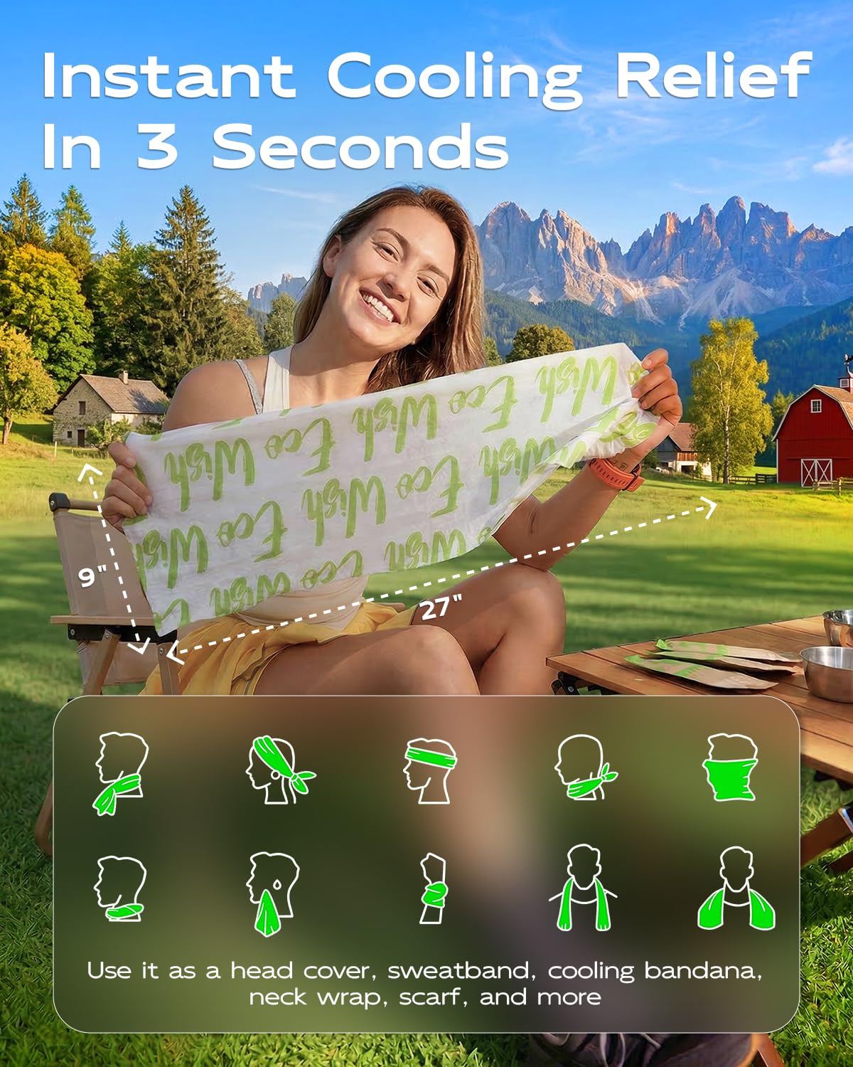 CoolRush asciugamano rinfrescante, fascia per collo di ghiaccio per calore estremo, grande pulizia del corpo rinfrescante senza risciacquo, stracci bagnati per allenamento, lago, passeggiate, pesca