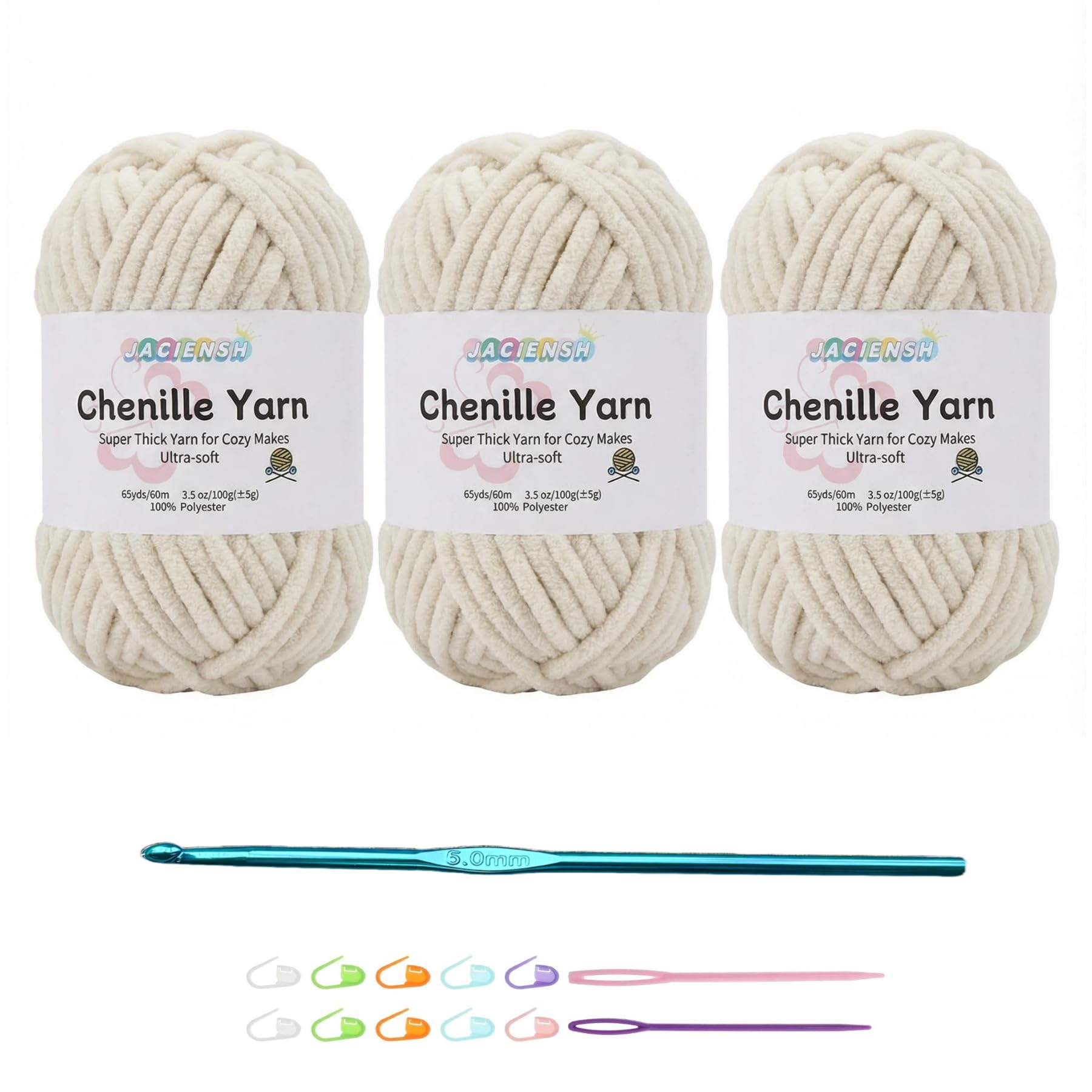 – Thick Chenille Yarn, 3x100g Fluffy Chunky Yarn for Crochet, 5mm Crochet Hook Included, Great for Blankets Scarves and Suitable for Beginners & Pros (Beige - 3)