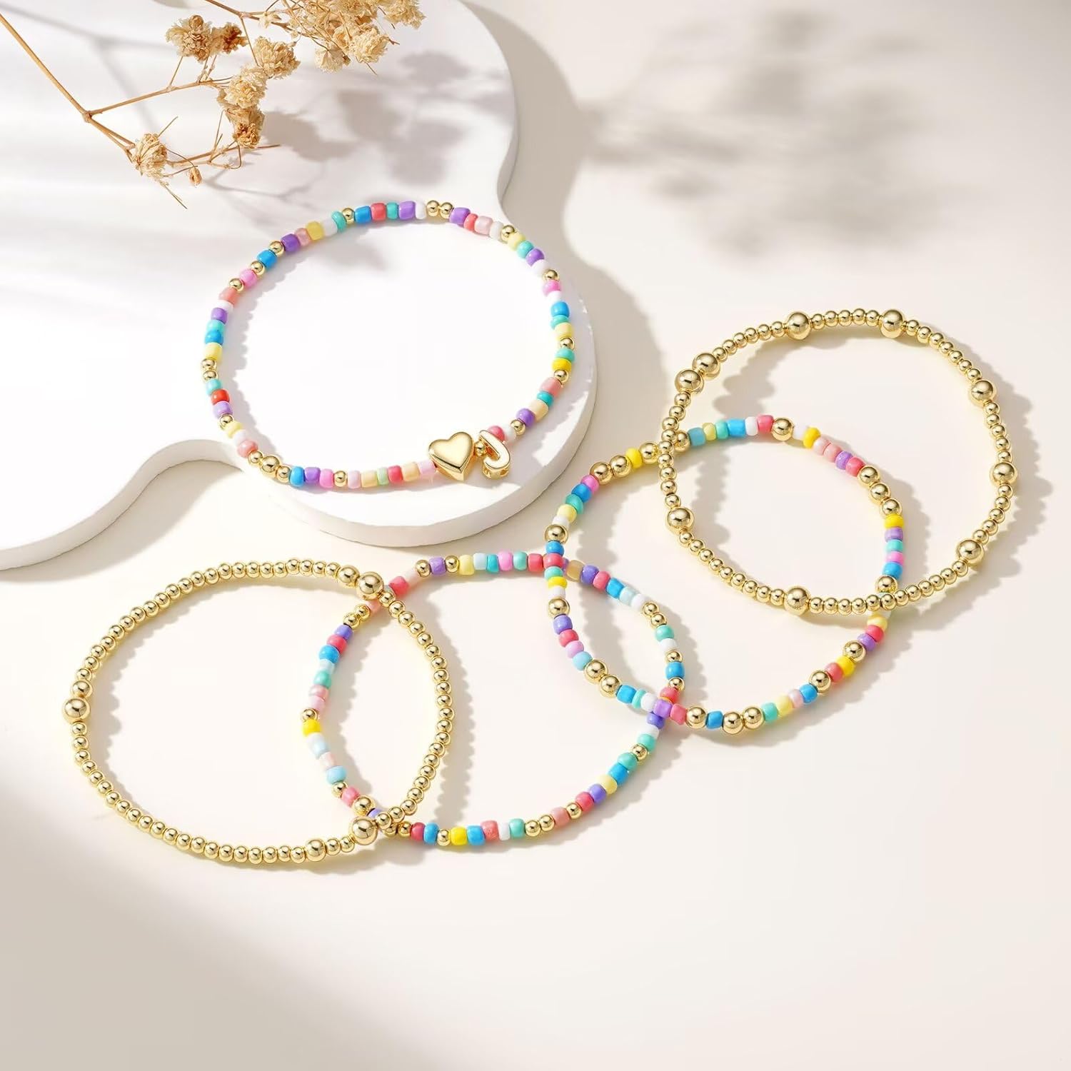 M MOOHAM Girls Bracelets Gifts - 5PCS Colorful Beaded Bracelets Cute Heart Initial Bracelet Stretch Stackable Bracelets Jewelry Set Birthday Gifts for Teen Girls Kids Her Women - Image 9