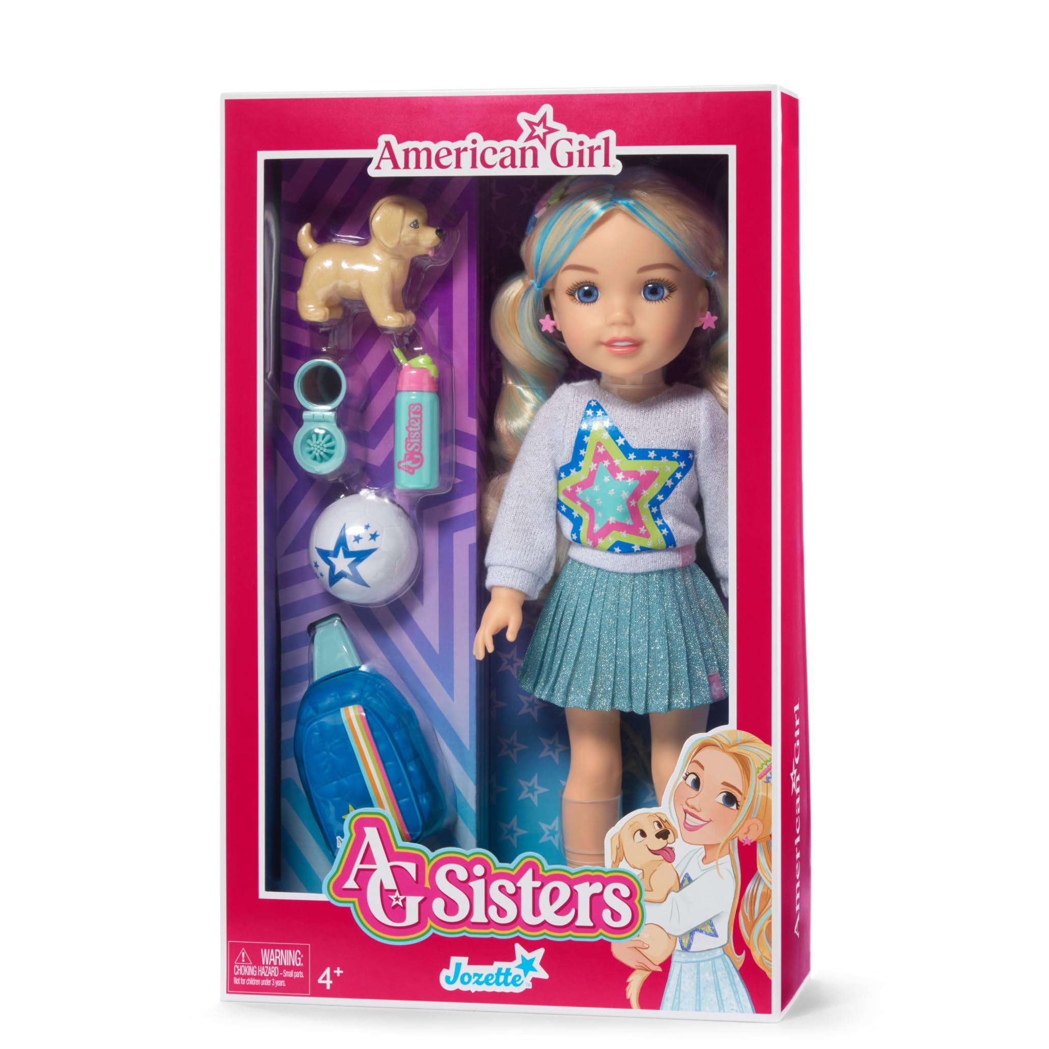 American Girl, AG Sisters Jozette Puppe mit blauen Augen, langes gewelltes Blondes Haar mit blauen Strähnen, 36,8 cm, ab 4 Jahren