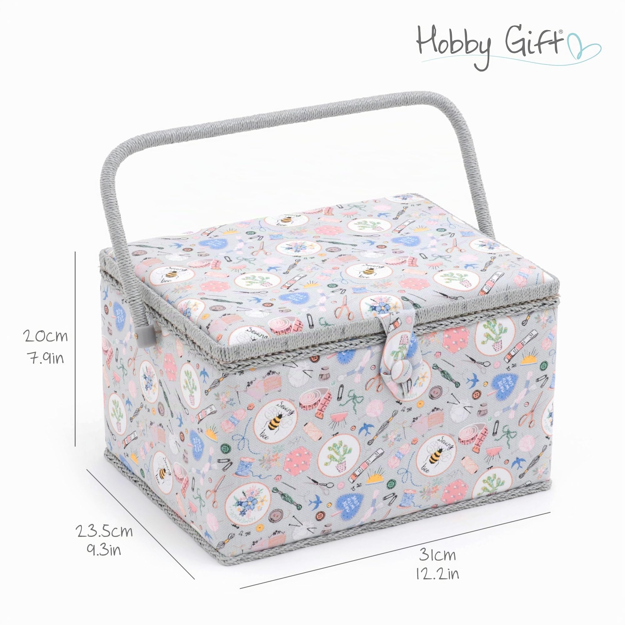 Hobby Gift Caja de Costura Grande con Asa, Cesta de Algodón para Almacenaje de Costura, Organizador con Compartimentos, 23,5 x 31 x 20 cm, Hecho en casa