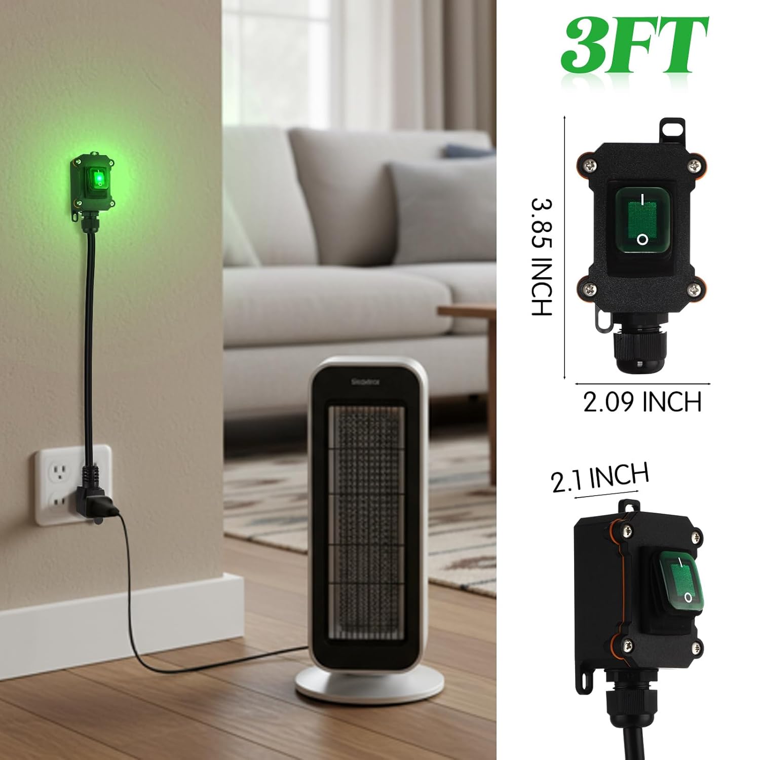 Kanayu Inline Switch Extension Cord 14awg 3-Prong Piggyback Plug, Ip67 Waterproof Extension Cord with Switch On/Off, Ac/dc 20a-125v with Green LED Outdoor Rocker, Etl Listed(Black, 3ft)