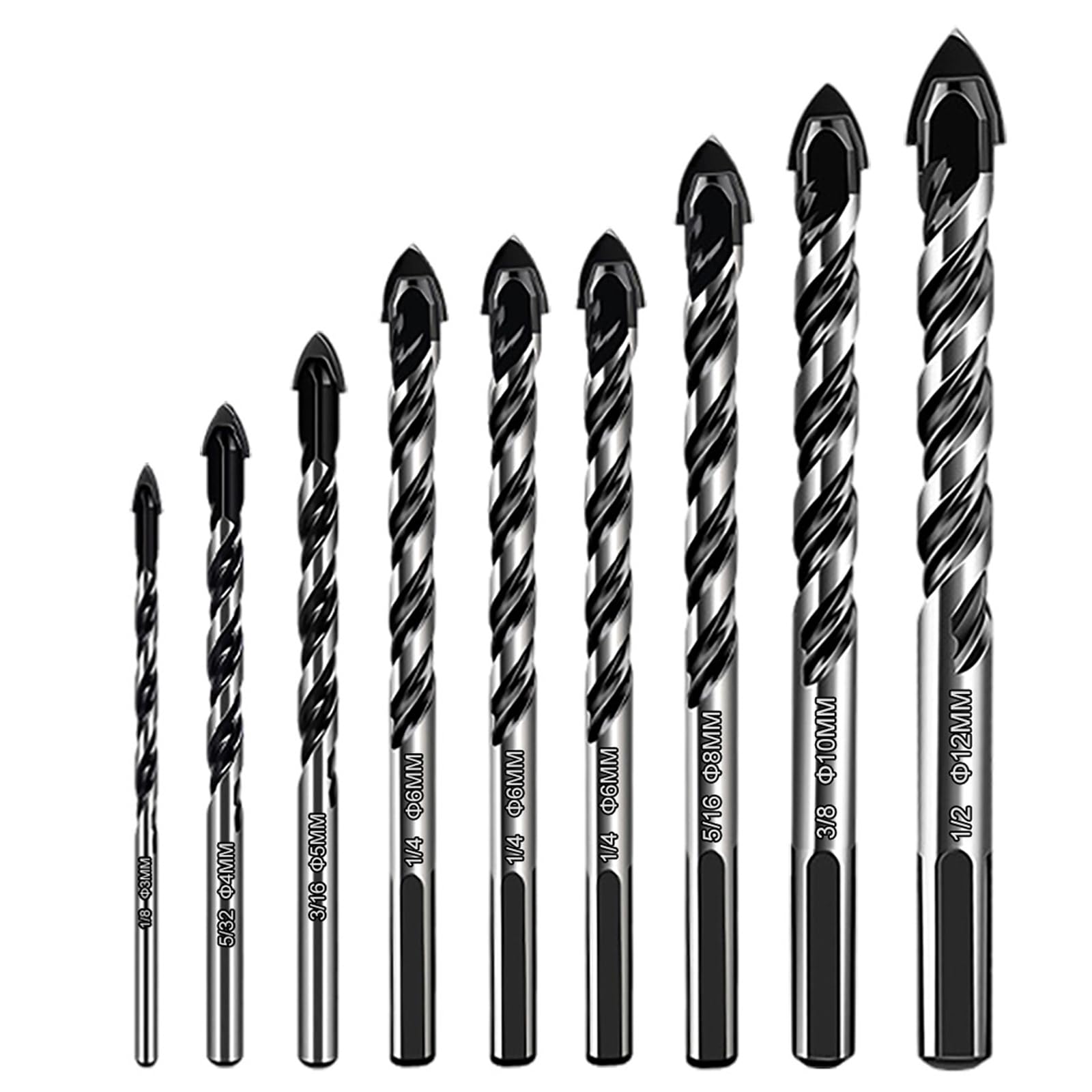 Juego de Brocas para Azulejos, 9PCS Set de Brocas Punta de Carburo de Tungsteno(3/4/5/6/6/6/8/10/12mm), Adecuado Para Azulejos de Acero Al Carbono, Madera,Vidrio, Porcelana, Hormigón Plástico