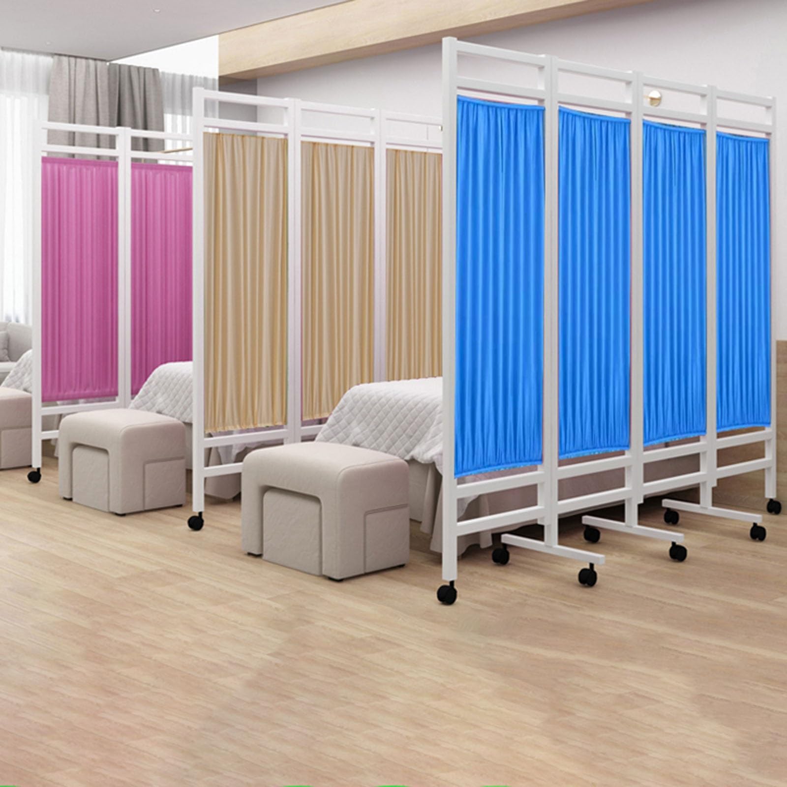 Paravent d'intimité pliable avec roulettes, tissu de soie en nylon durable pour salle de bain, salon de beauté, musée de santé, design à 4 panneaux