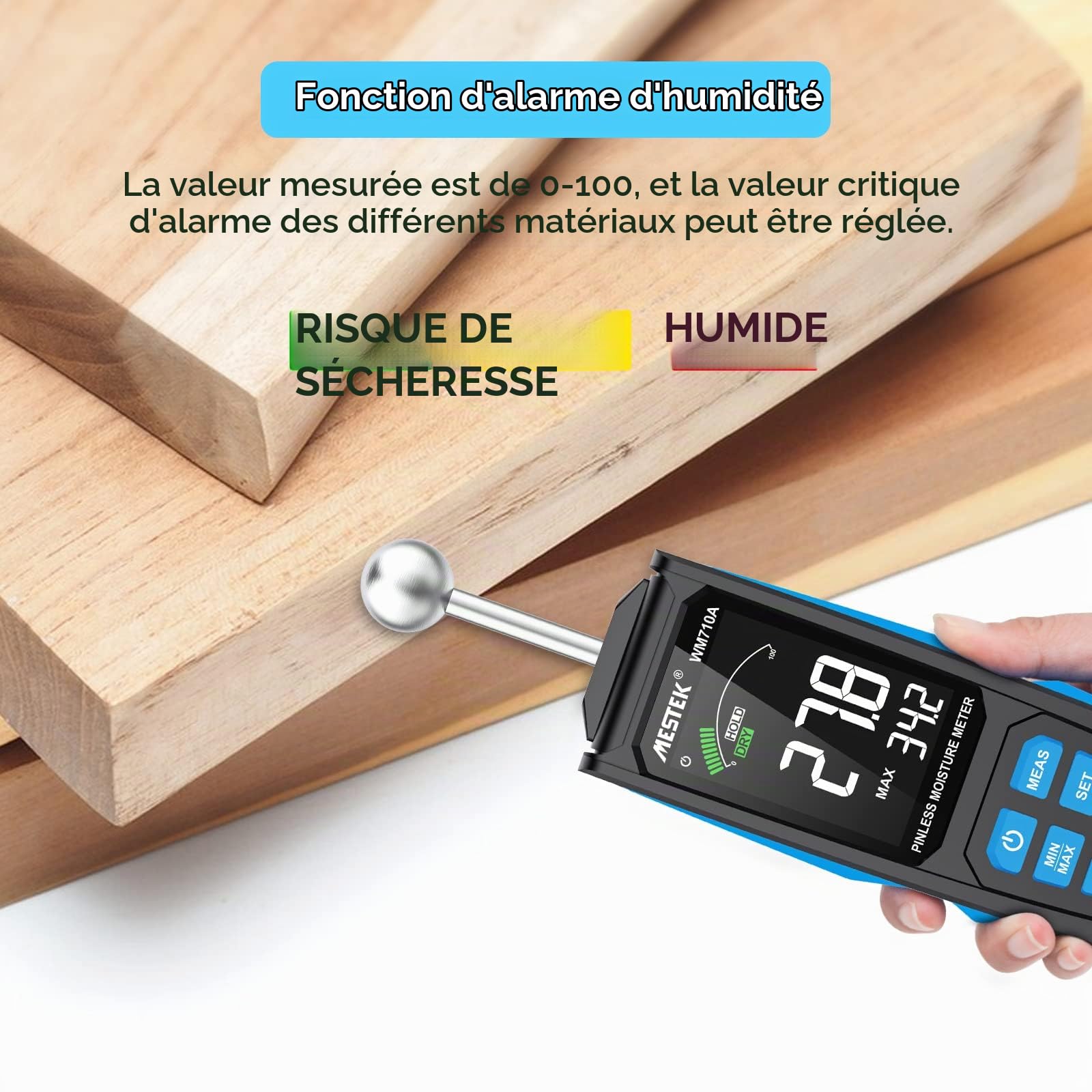 Testeur d'Humidité MESTEK Humidimètre Murs Hygromètre 20-40mm Analyseur d'humidité sans Aiguille Numérique Écran LCD Alarme Fonction Pour Détecteur Bois Murs Maçonnerie Construction Béton Plâtre