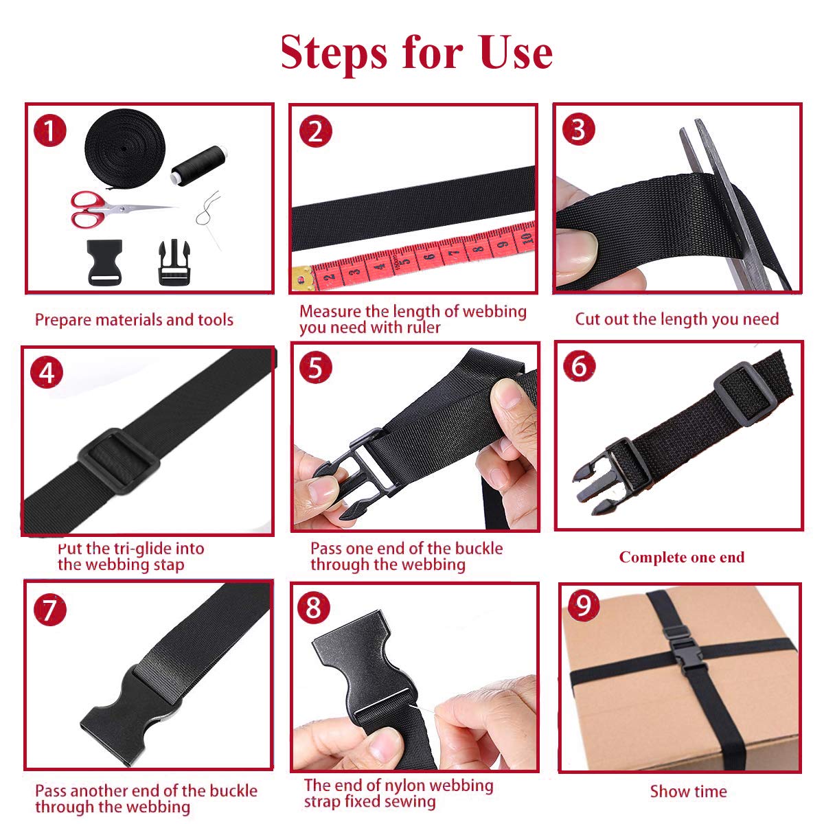 KOSHIFU Fettuccia Nylon 5M Fibbie in Plastica Regolabili, Cinturino Nero Cinghie Fai da Te per