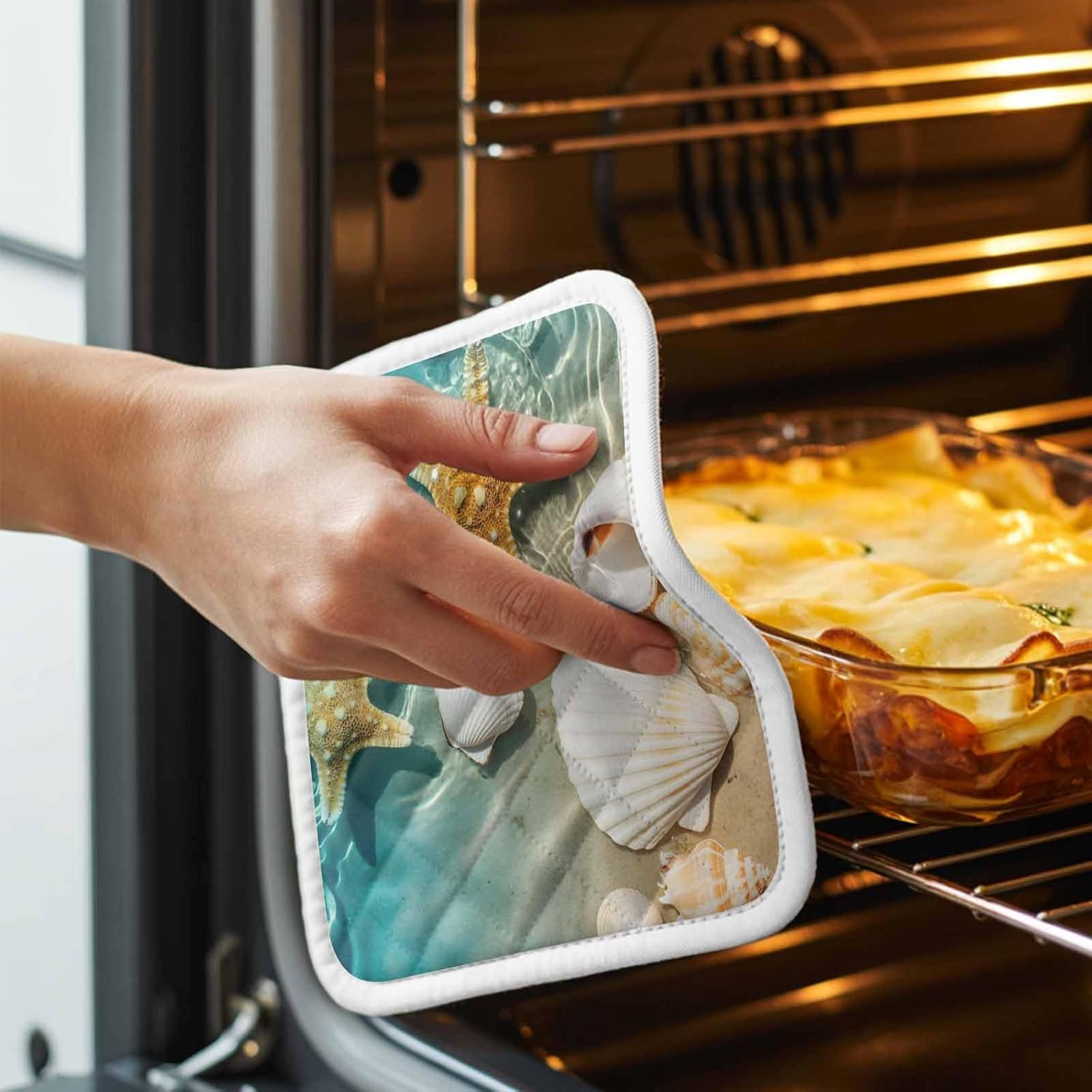 Pot Holders for Kitchen Ocean Starfish Coastal Shell Set of 5 Potholders Heat Proof Non-Slip Oven Pot Holder Insulation Terry Cloth Hot Pad with Loop Summer Sea Beach
