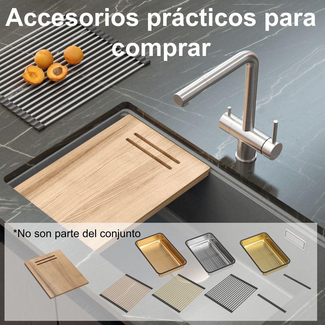 QUADRON Fregadero de un seno Fregadero de granito cocina | tamaño 70 x 37 x 23,5 cm Color: Topo suave y acero | Fregadero LOGAN 110 | Fregadero bajo encimera Base de armario a partir de 80 cm