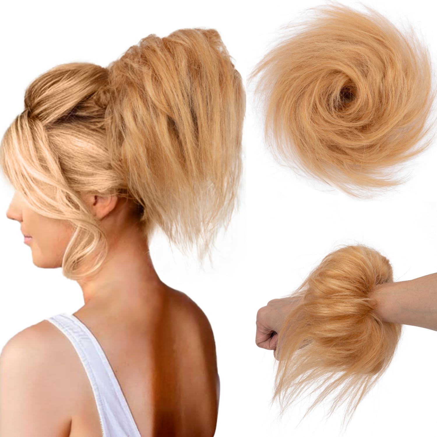TESSHAIR Thick Messy Bun Hair Piece, Tousled Wavy Human Hair Scrunchies, Short Ponytail Extension for Women Girls 29g #27 Dark Blonde