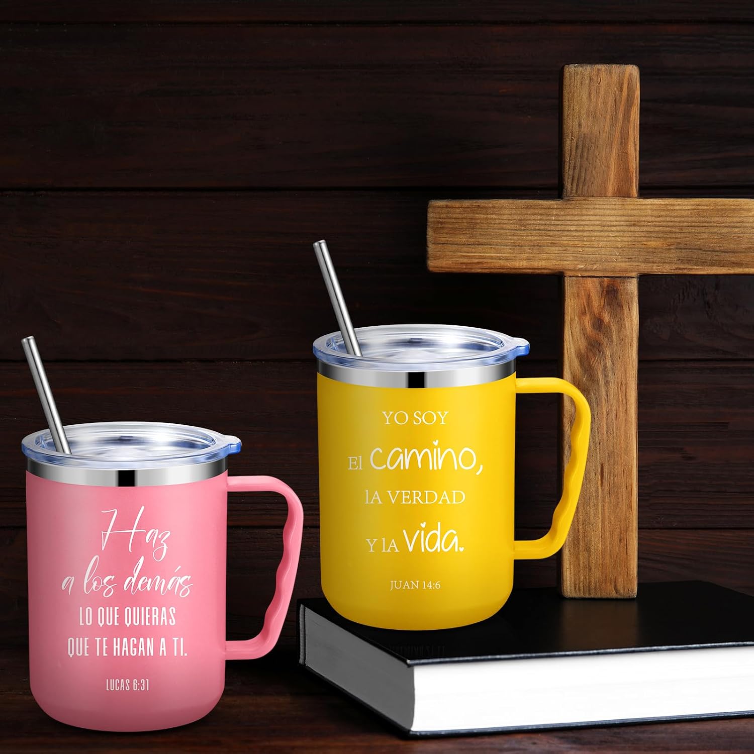 Sieral 12 Pcs Christian Gifts Coffee Mugs with Straw Lid 17 oz Religious Cups with Bible Stainless Steel Tumbler Inspirational Gifts for Women Men Pastor's Church Group(Multiple Colors,Spanish)