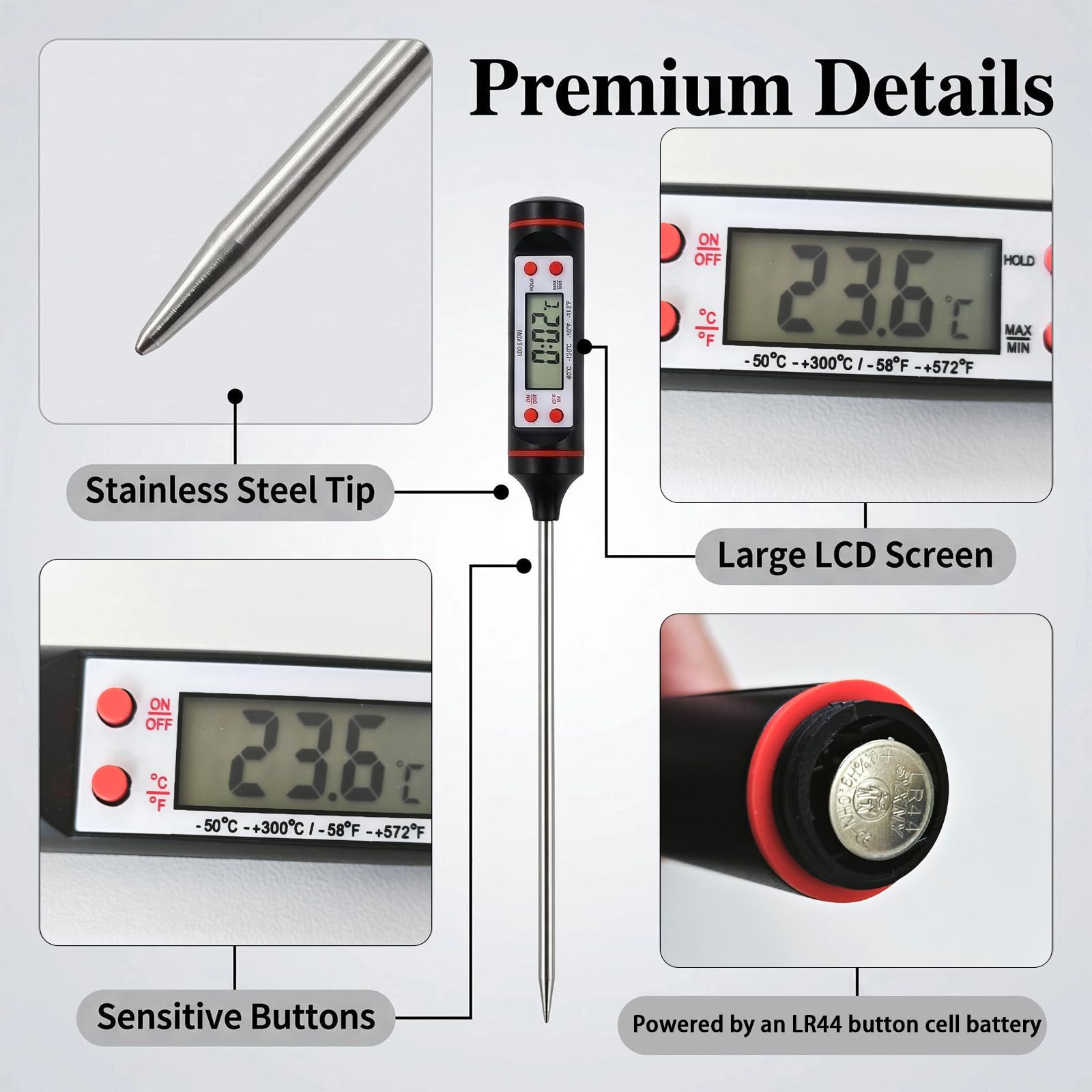 2 termómetros de cocina digital con sonda para barbacoa, Carne, Pavo, Vino, Jalea - Pantalla LCD Grande, Rango de Medición de -50 °C a +300 °C, Apagado Automático
