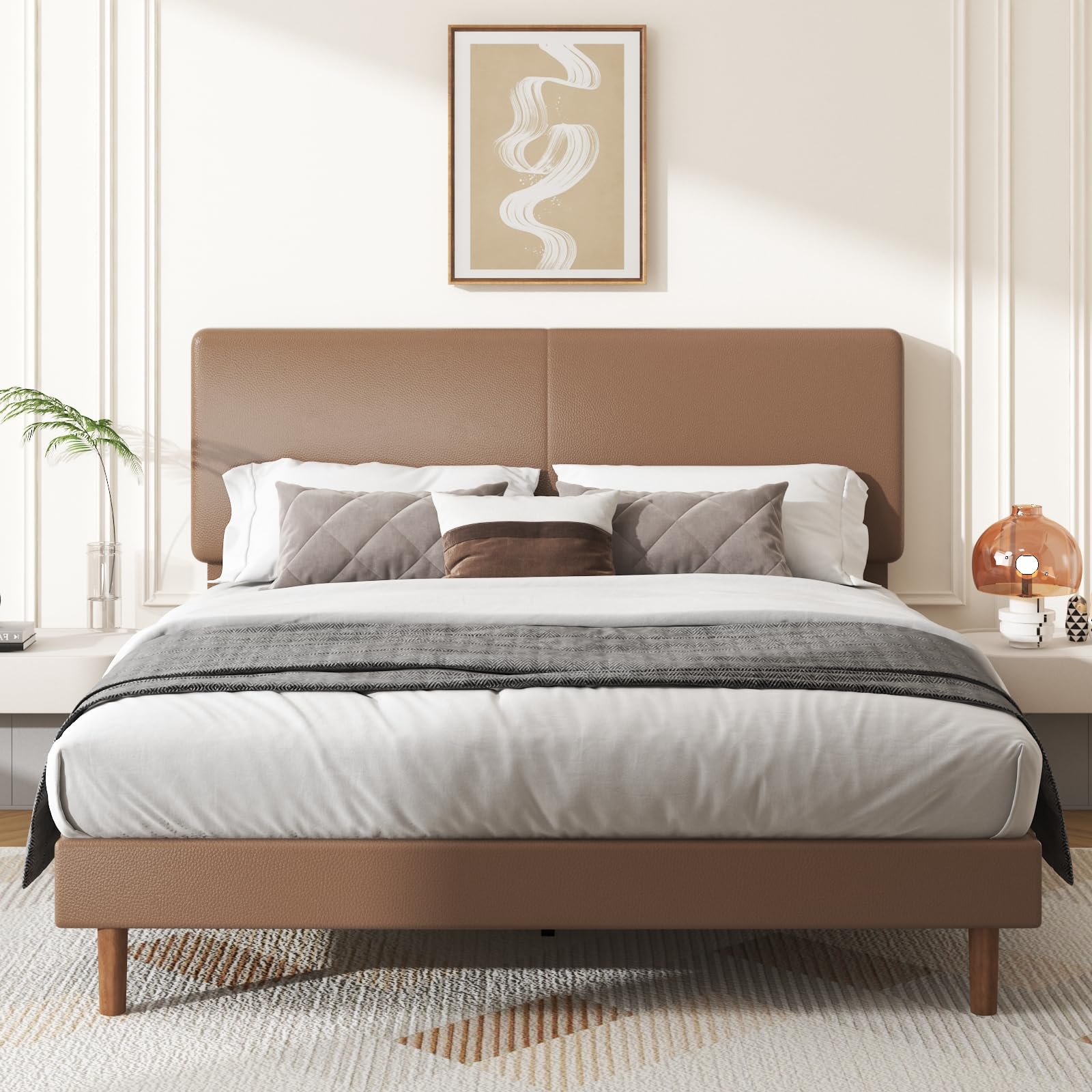 Photo 1 of Mxhtcewz King Bed Frame with Adjustable Headboard, Faux Leather Upholstered Platform Bed Frame, No Box Spring Needed, Noise-Free, Easy Assembly, Brown