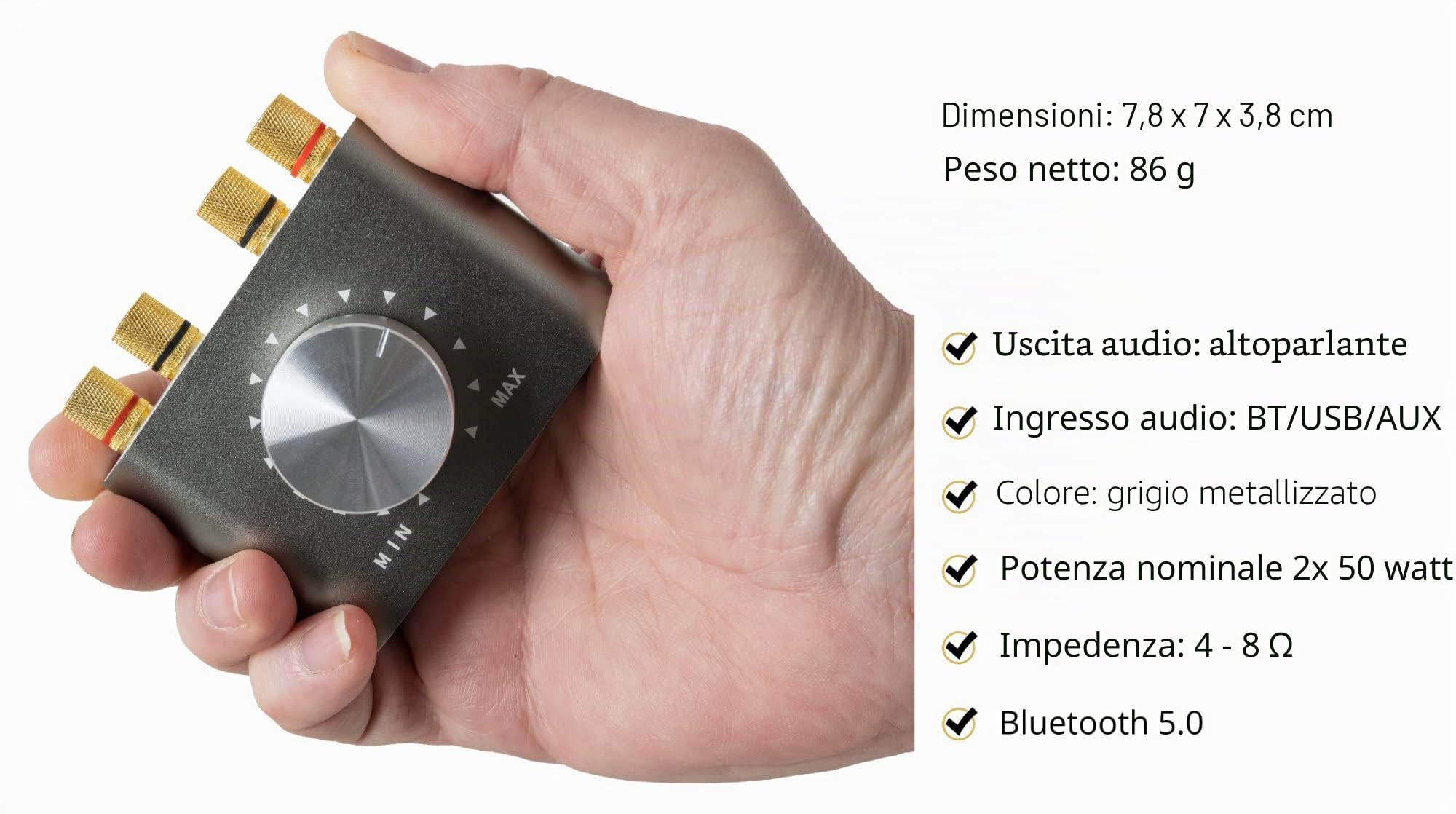 McGrey MAMP-250BT Mini Amplificatore Hi-Fi 100 Watt, Contatti placcati oro | Ricevitore Bluetooth 5.0, Ingresso AUX (mini-jack stereo), Uscite con morsetti a vite per cavi nudi o banana plug