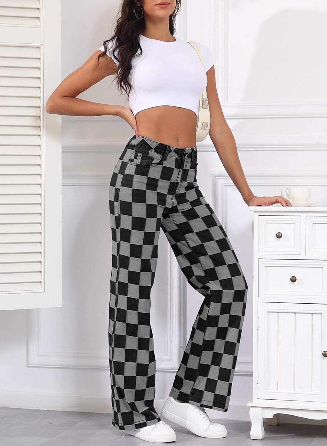 Sidefeel Women's Wide Leg Jeans High Waisted Stretchy Straight Leg Checkered Loose Denim Pants - Image 6